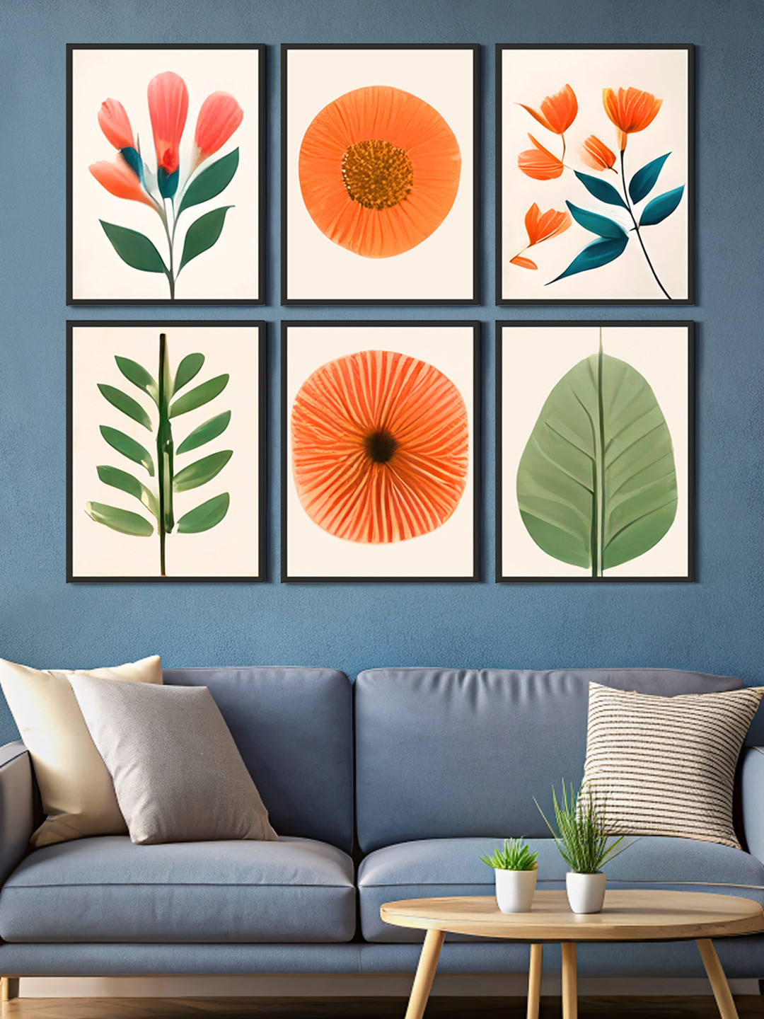 

999Store Green & Orange Colored 6 Pieces Floral Printed Canvas Wall Art