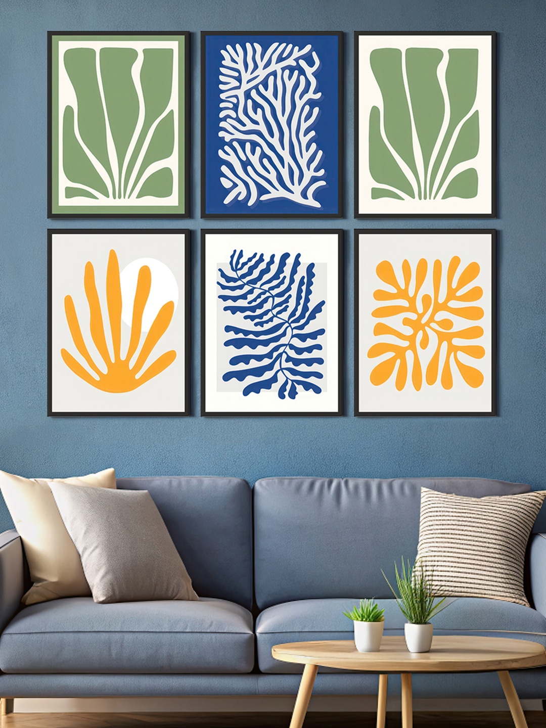 

999Store White & Green 6 Pieces Canvas Abstract Wall Paintings