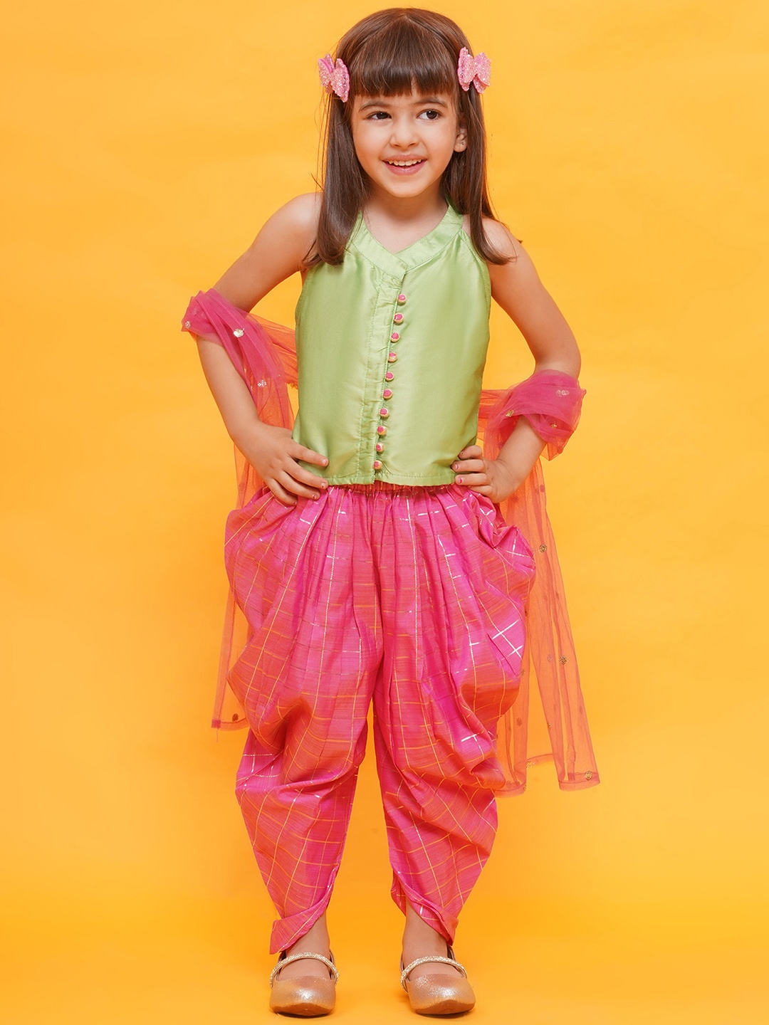 

Aj DEZInES Girls Mandarin Collar Top With Dhoti Pants & Dupatta, Pink