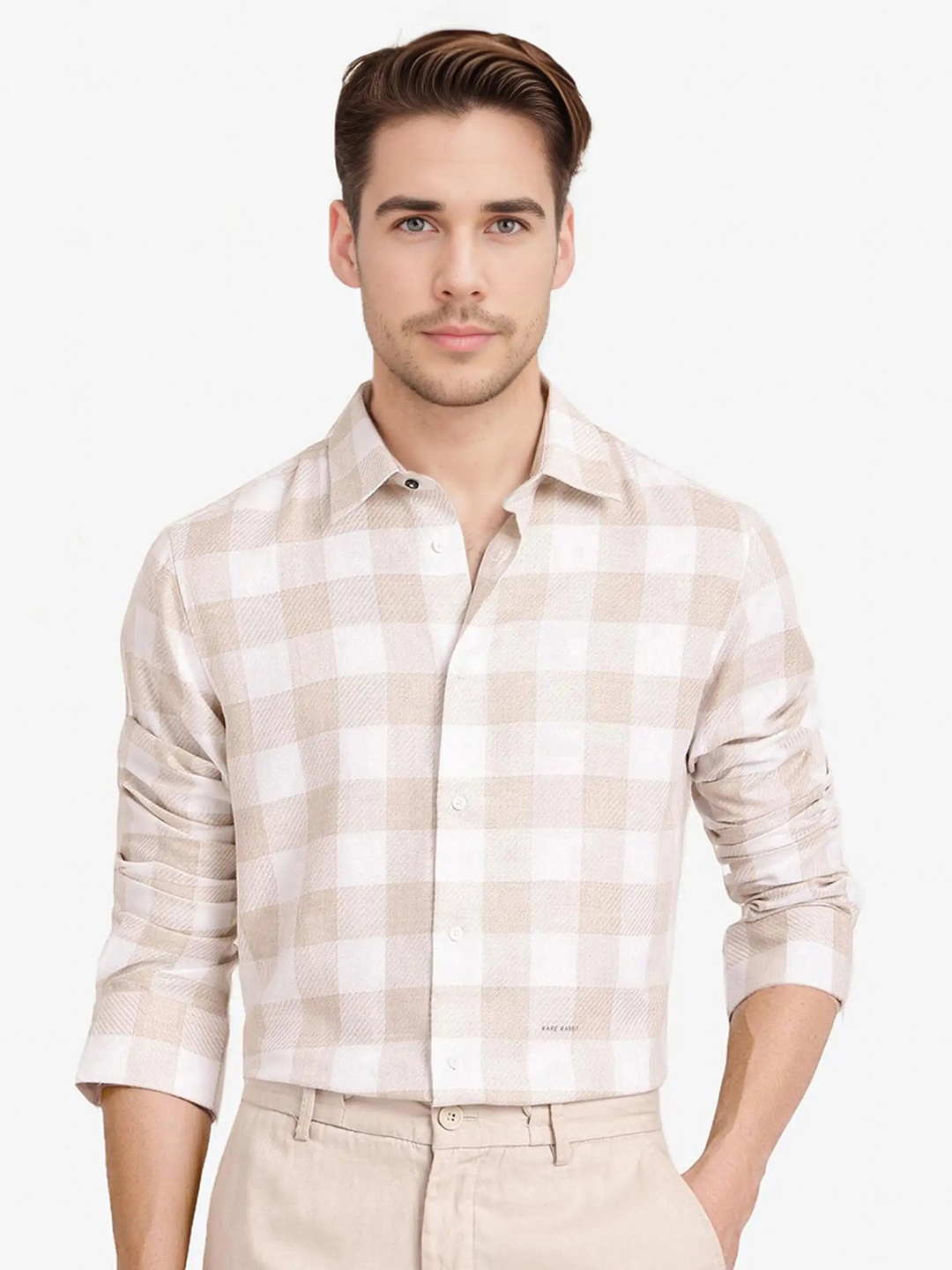 

RARE RABBIT Men Comfort Spread Collar Checked Cotton Casual Shirt, Olive