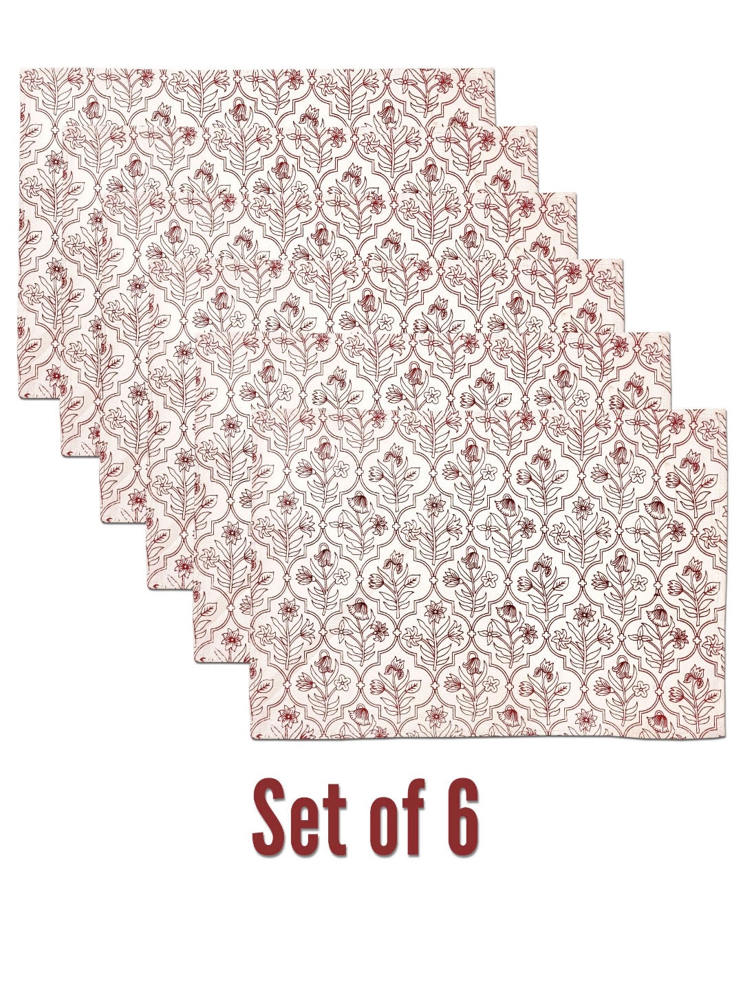 

ANA Green & White 6 Pieces Floral Printed Rectangle Pure Cotton Table Placemats, Maroon