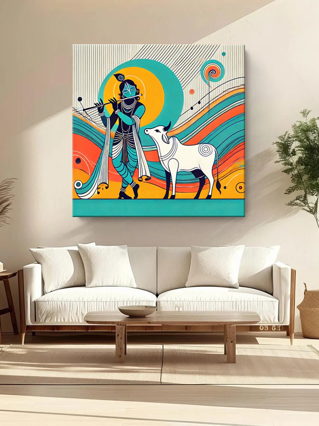 999Store Blue & Yellow Lord Krishna & Cow Printed Canvas Wall Art
