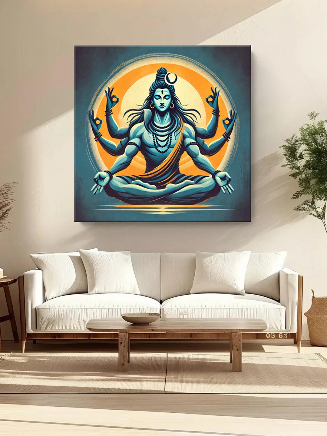 

999Store Teal & Orange Colored Lord Shiva Printed Canvas Wall Art