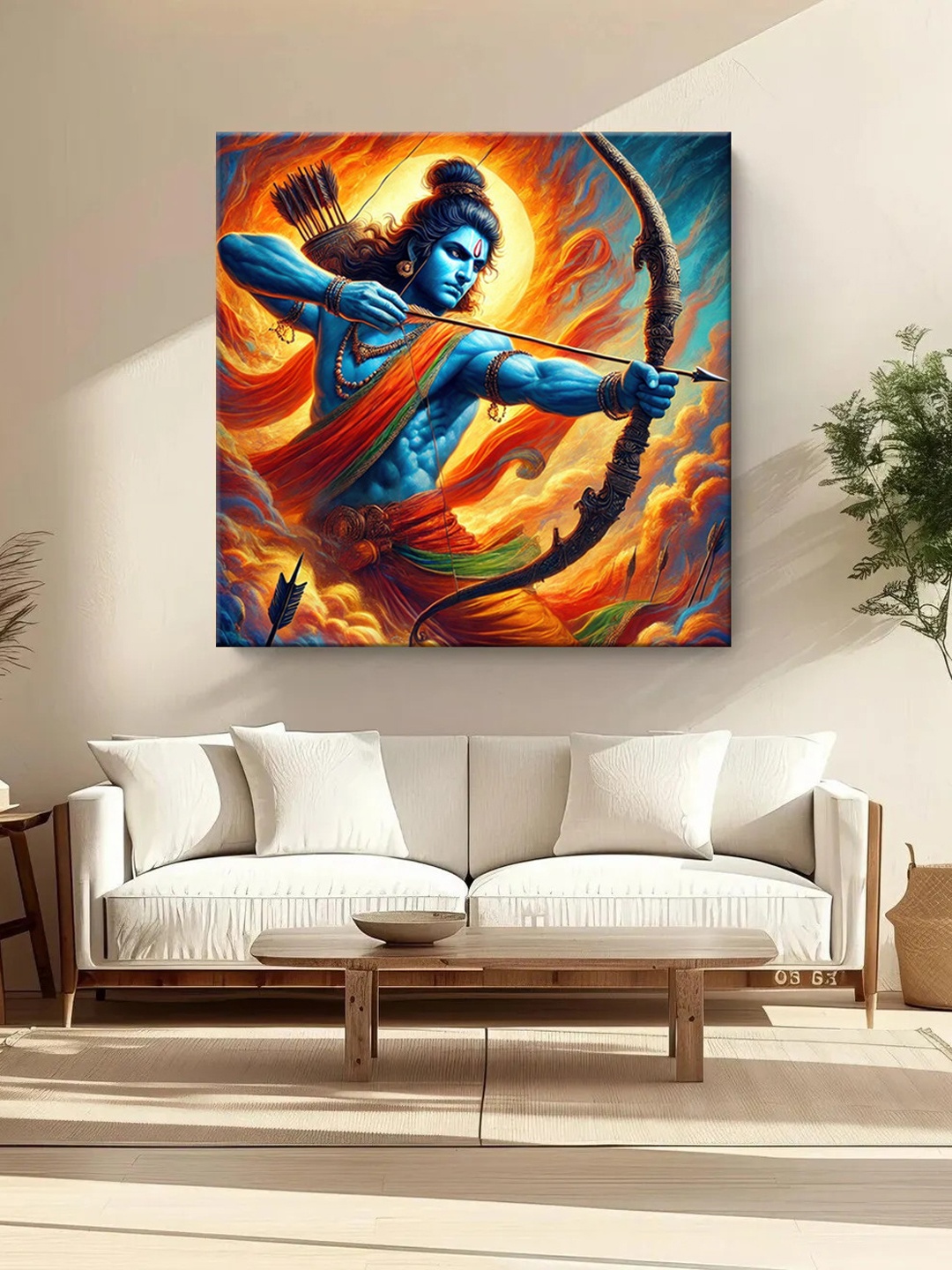 

999Store Blue & Yellow Lord Rama Printed Canvas Wall Art