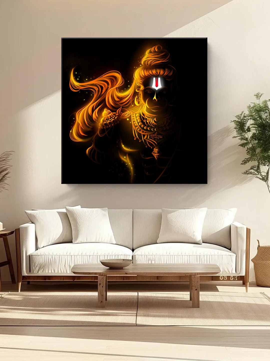999Store Black & Gold Toned Lord Hanuman Printed Canvas Wall Art