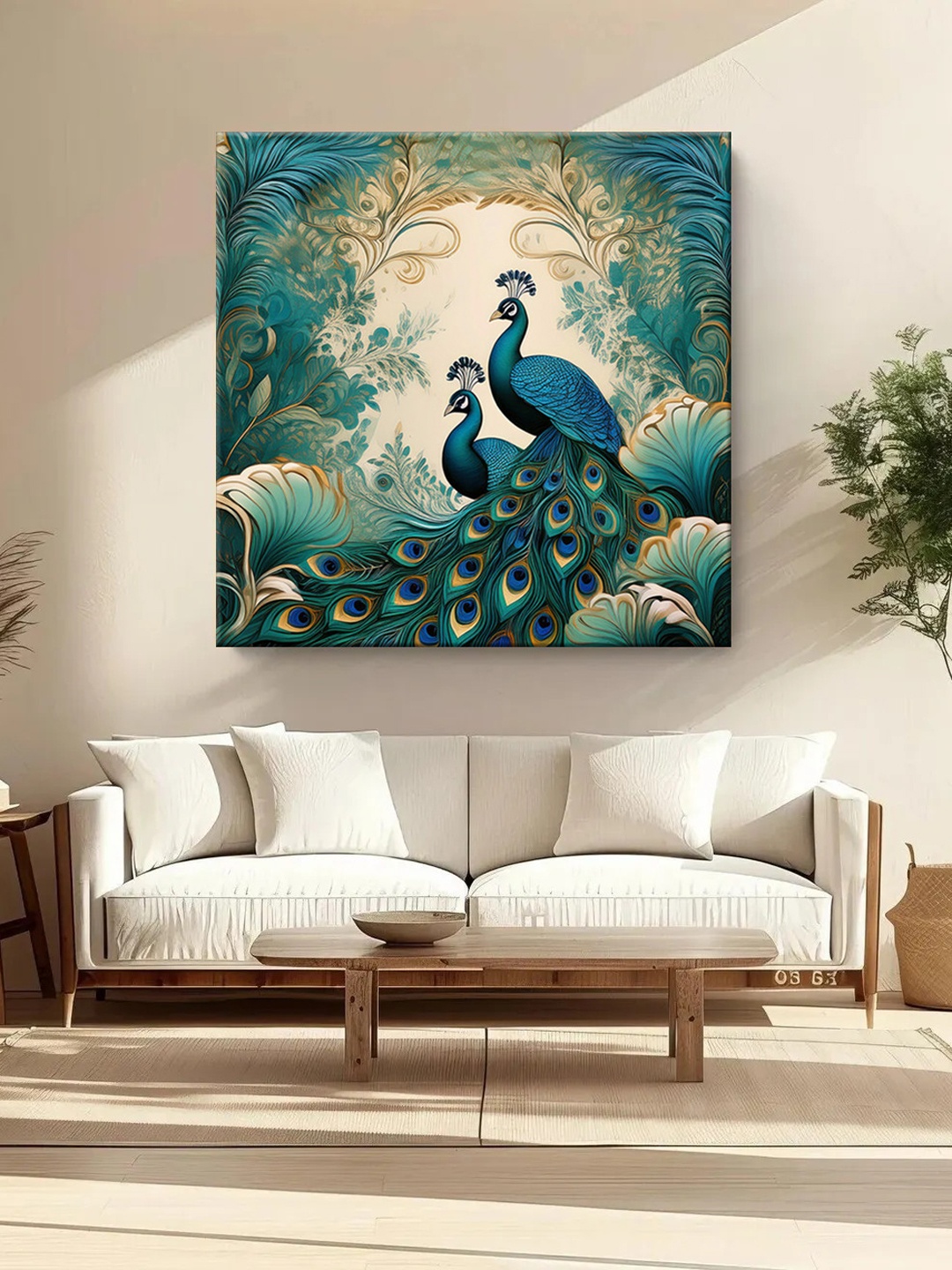 

999Store Green & Beige Peacocks Printed Canvas Wall Art