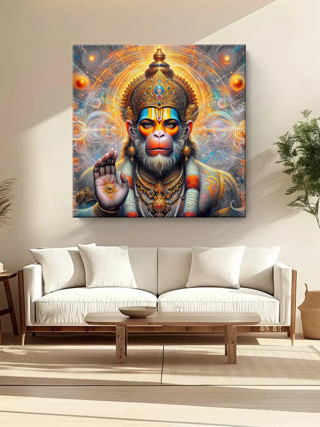 

999Store Grey & Orange Colored Lord Hanuman Printed Canvas Wall Art