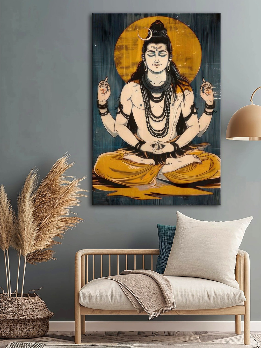 

999Store Grey & Mustard Lord Shiva Meditation Printed Canvas Wall Art