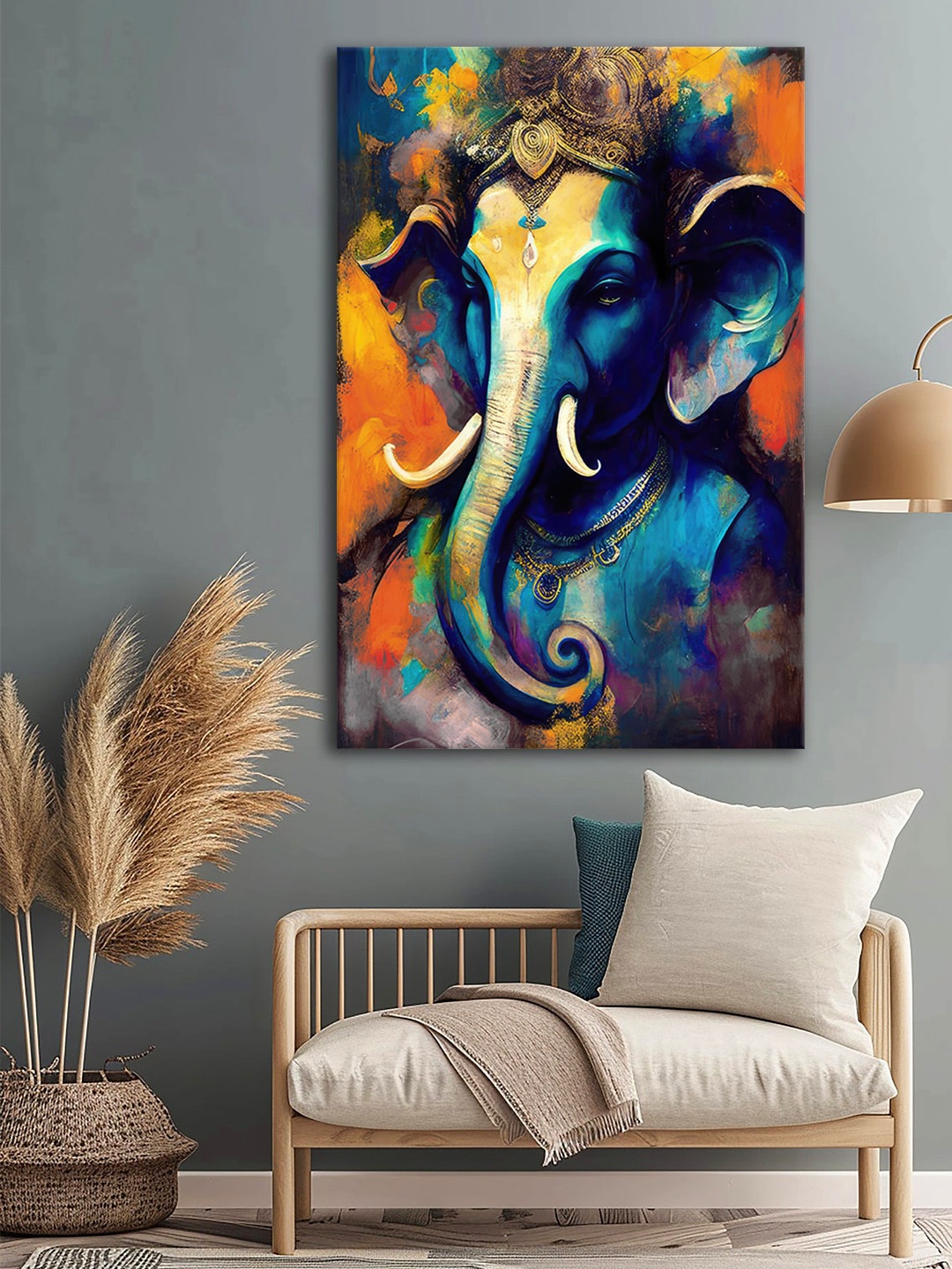 

999Store Blue & Orange Colored Ganesha Printed Canvas Wall Art