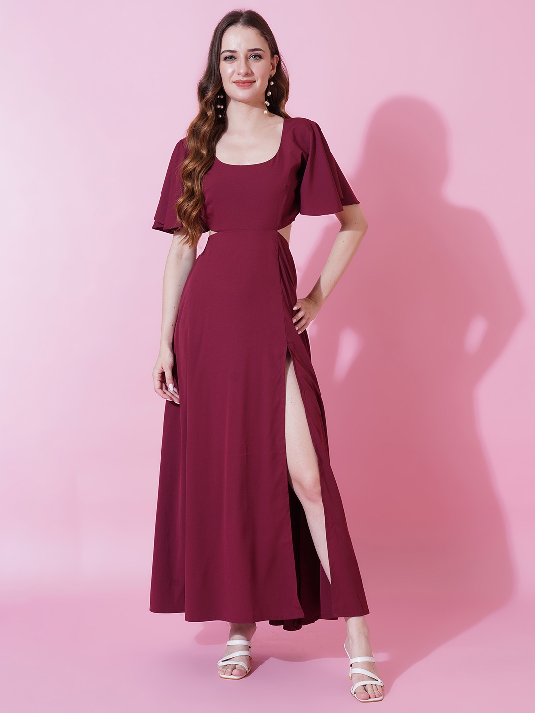

TextileNow Women Round Neck A-Line Maxi Dress, Maroon