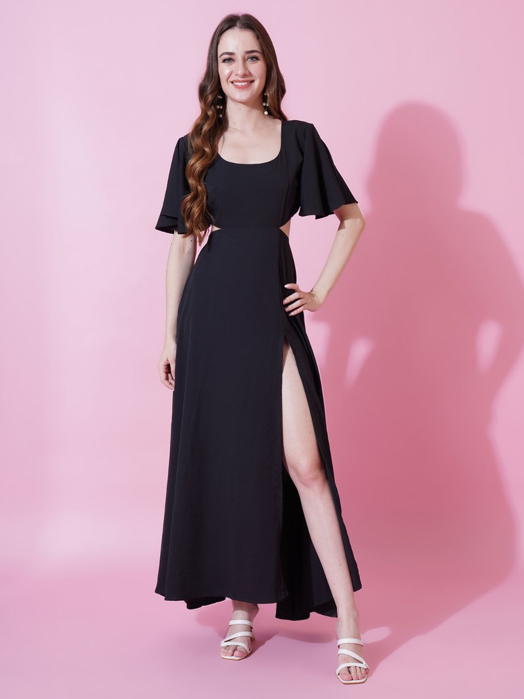 

TextileNow Women Solid Crepe A-Line Maxi Dress, Black