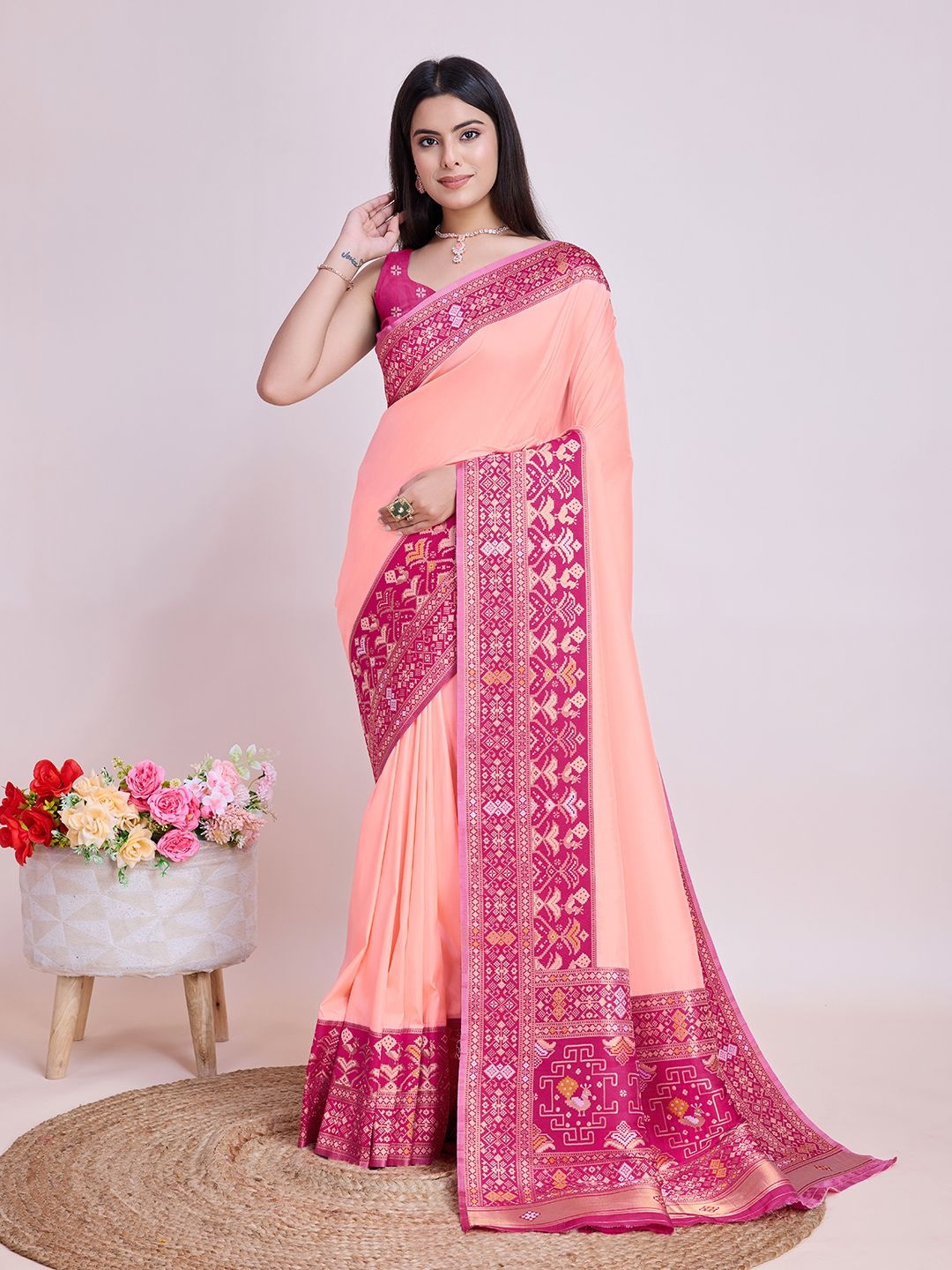 

SHIJILA Zari Pure Silk Kota Saree, Peach