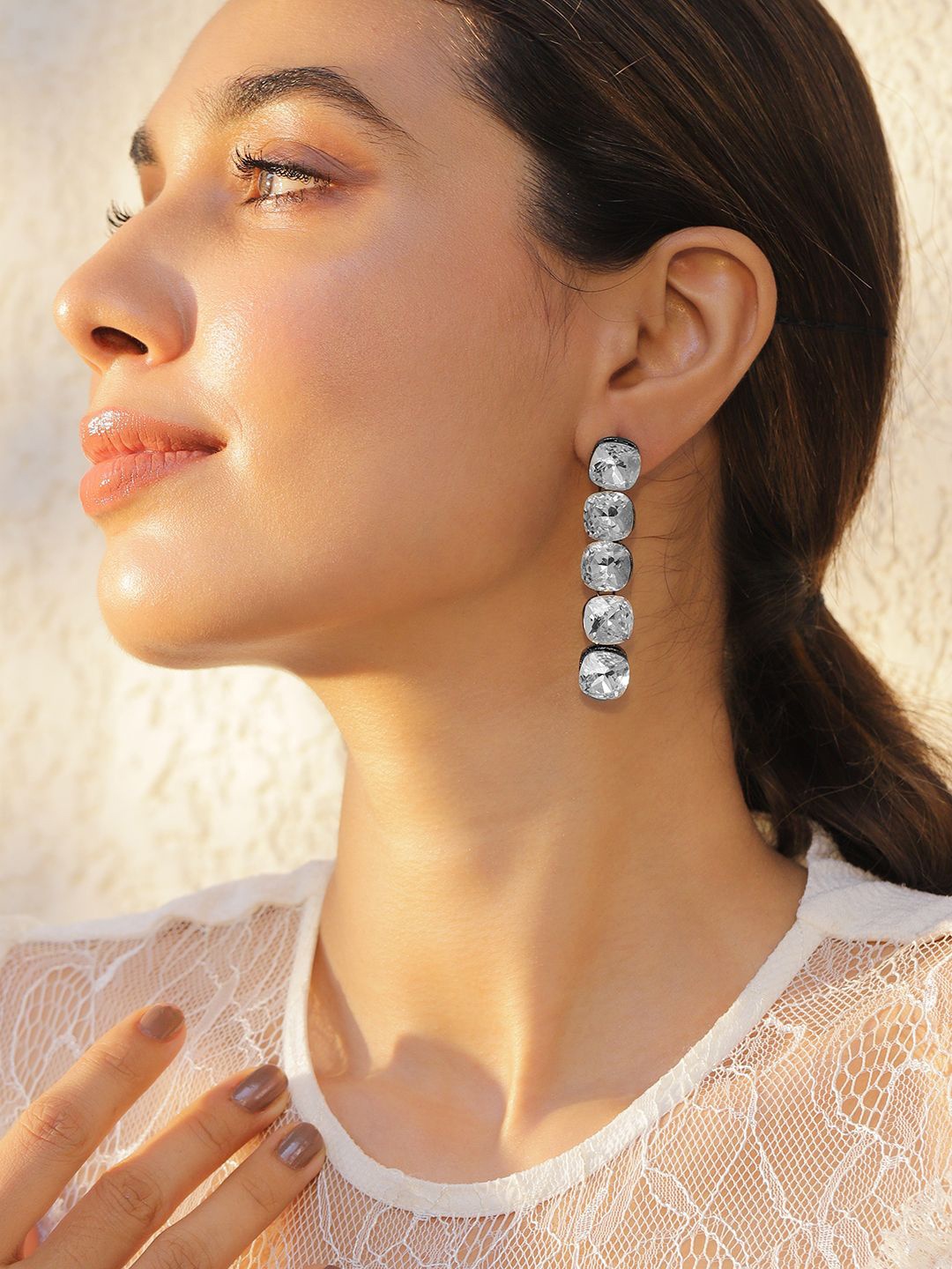 

Rubans Rhodium Plated Crystal Zirconia Studded Statement Drop Earrings, Silver