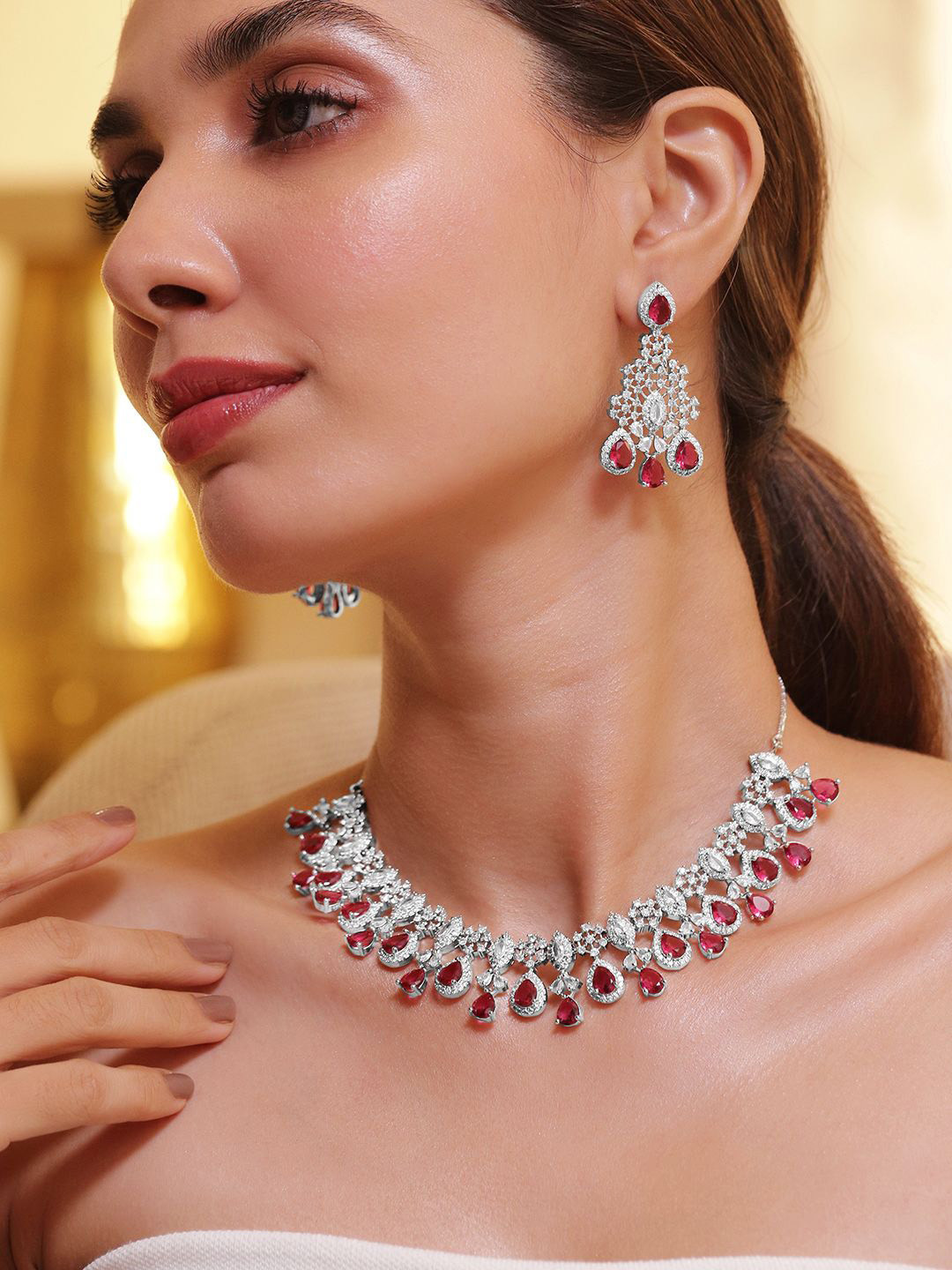

Rubans Rhodium-Plated Ruby Red and White Cubic Zirconia Studded Necklace Set, Silver