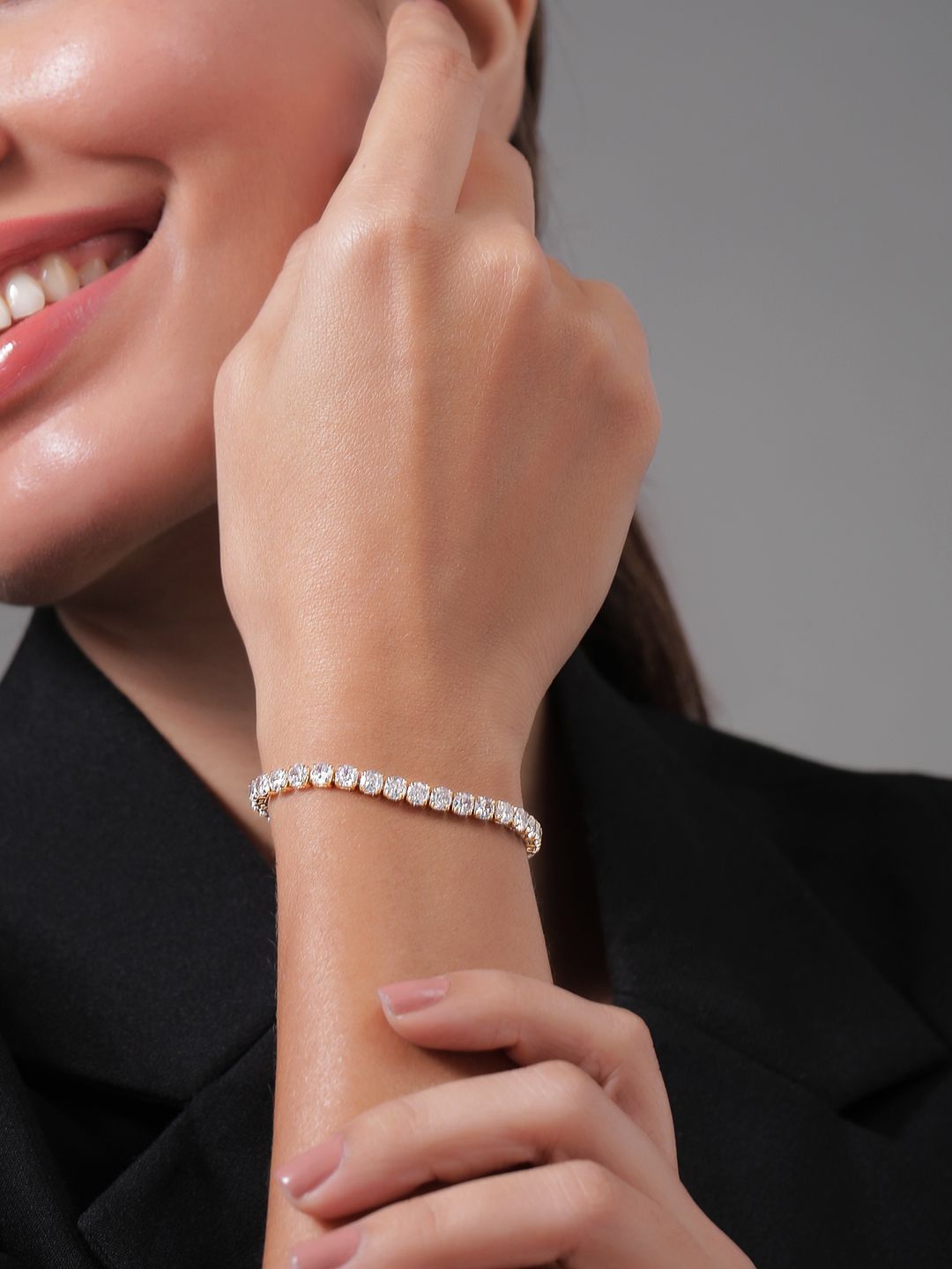 

Rubans 18K Gold Plated Cubic Zirconia Studded Statement Tennis Link Bracelet, Silver