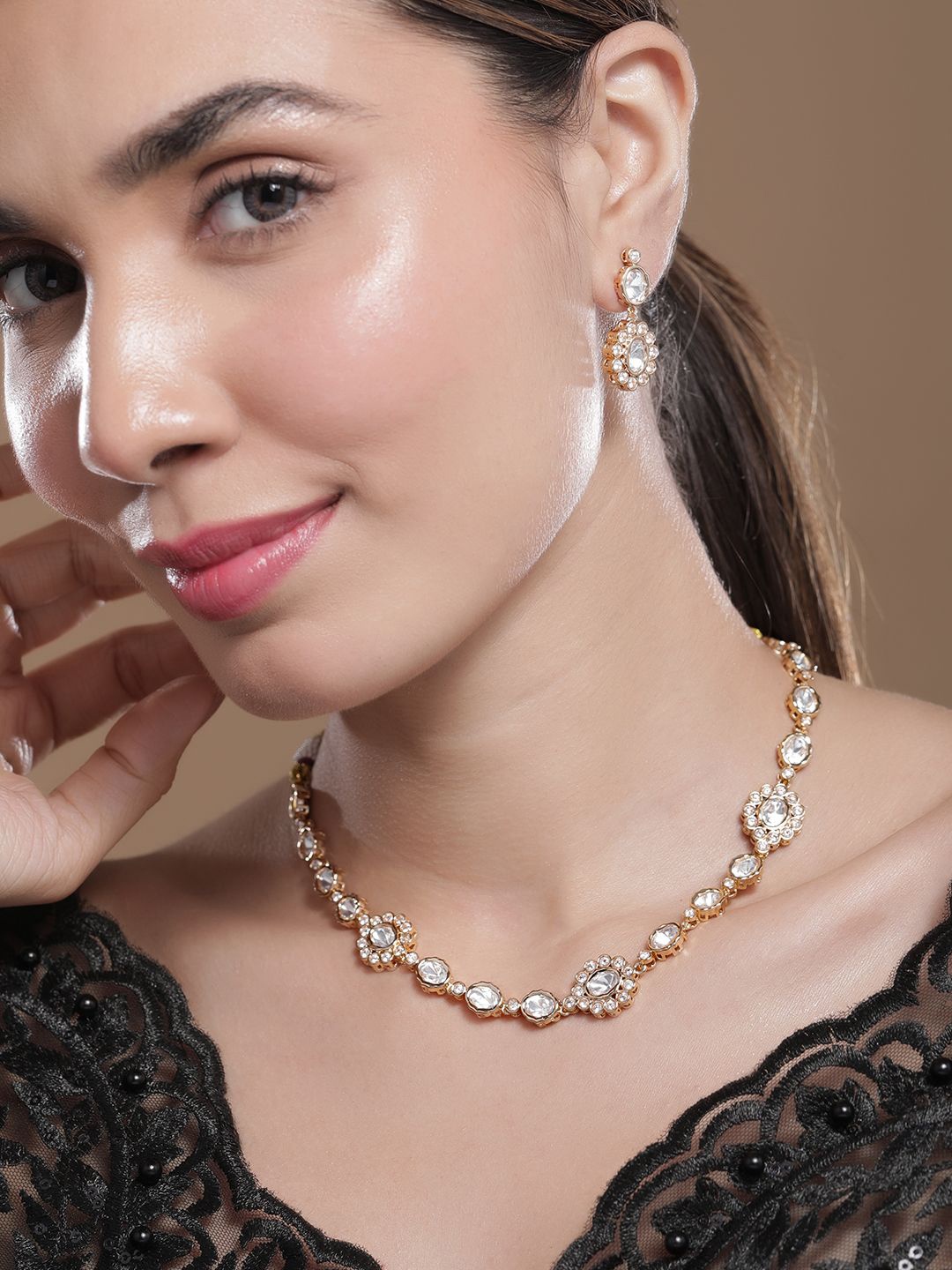 

Rubans 22K Gold Plated Kundan-Studded Traditional Necklace Set with Matching Earrings