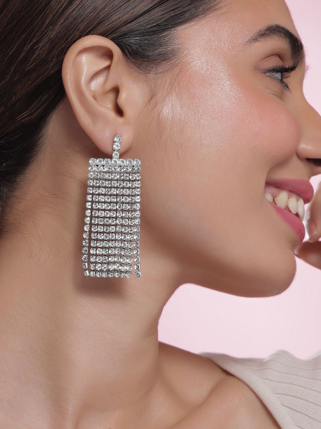 

Rubans Rhodium-Plated Geometric Multi-Strand Cubic Zirconia Dangle Drop Earrings, Silver