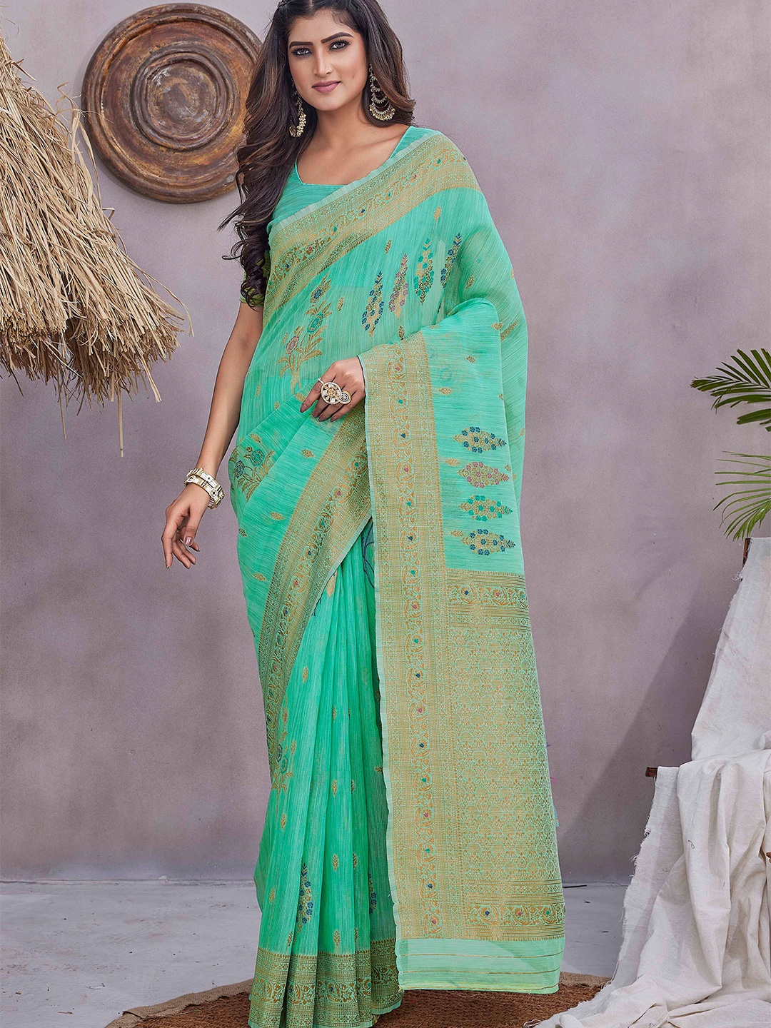 

Krimmple Woven Design Zari Pure Linen Kanjeevaram Saree, Sea green