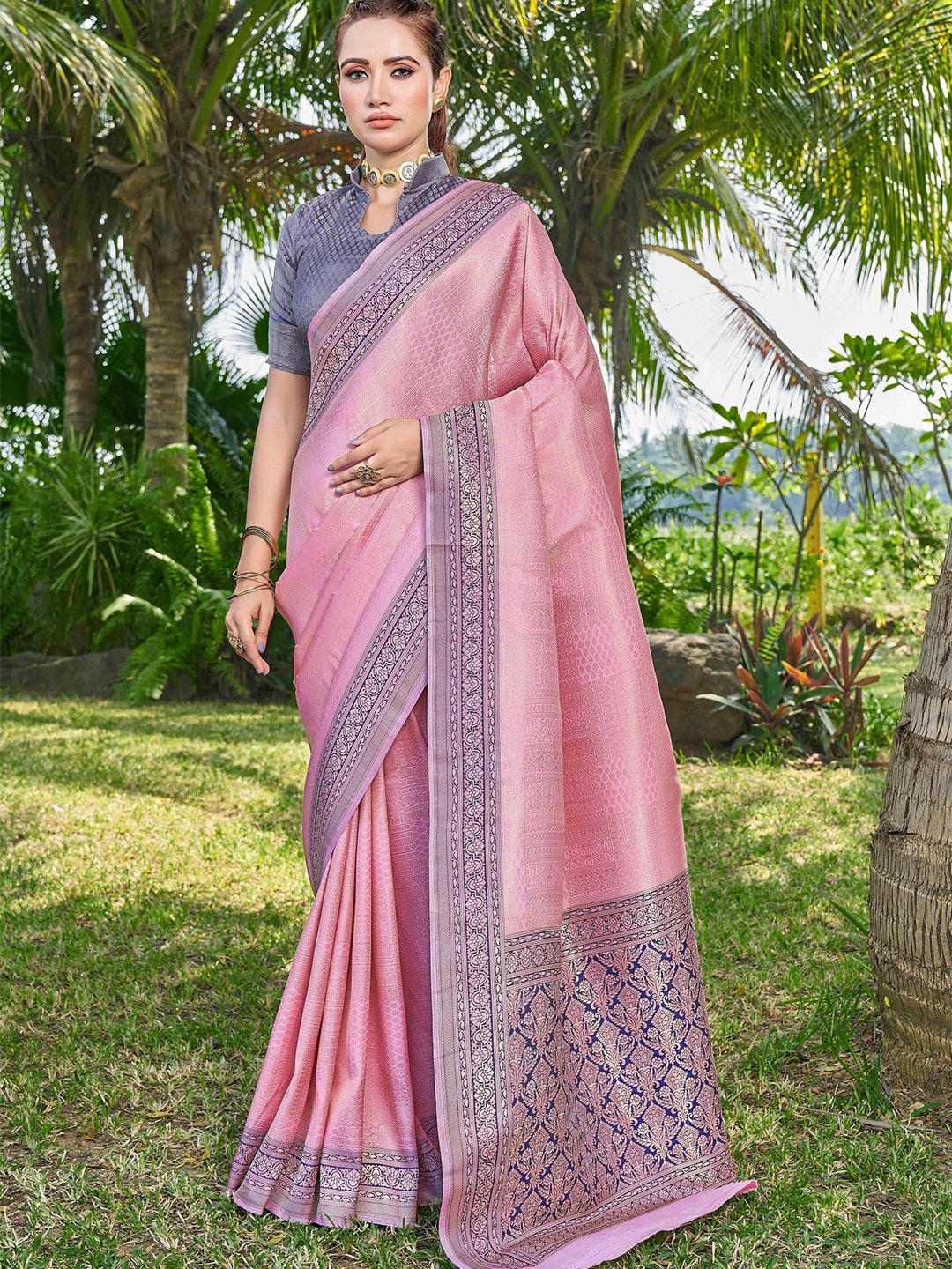 

Krimmple Woven Design Zari Silk Blend Banarasi Saree, Pink