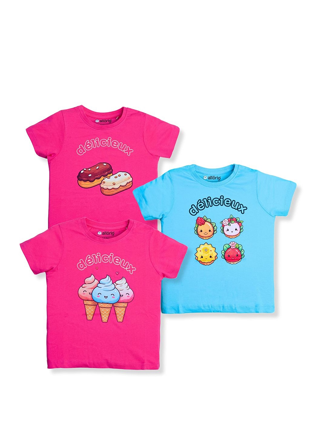 

allorio kids Girls Pack Of 3 Cotton Round Neck Graphic Printed Slim Fit T-shirt, Pink
