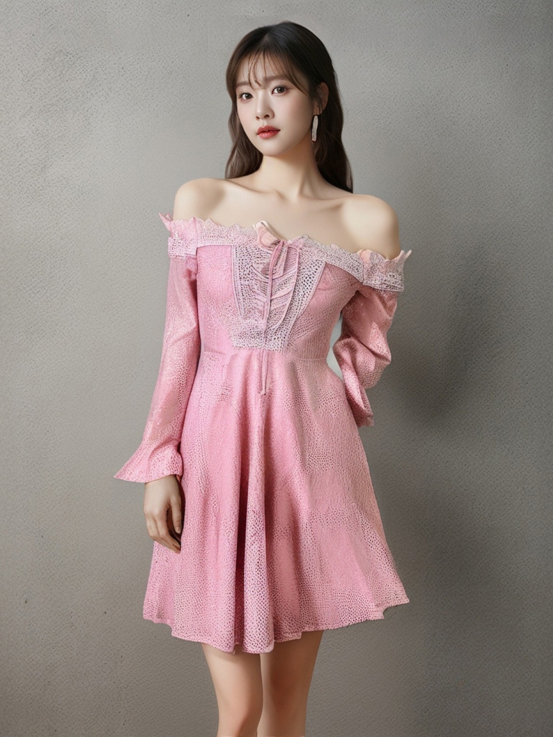 

KPOP Off-Shoulder Puff Sleeve Floral Self Design Fit And Flare Dress, Pink