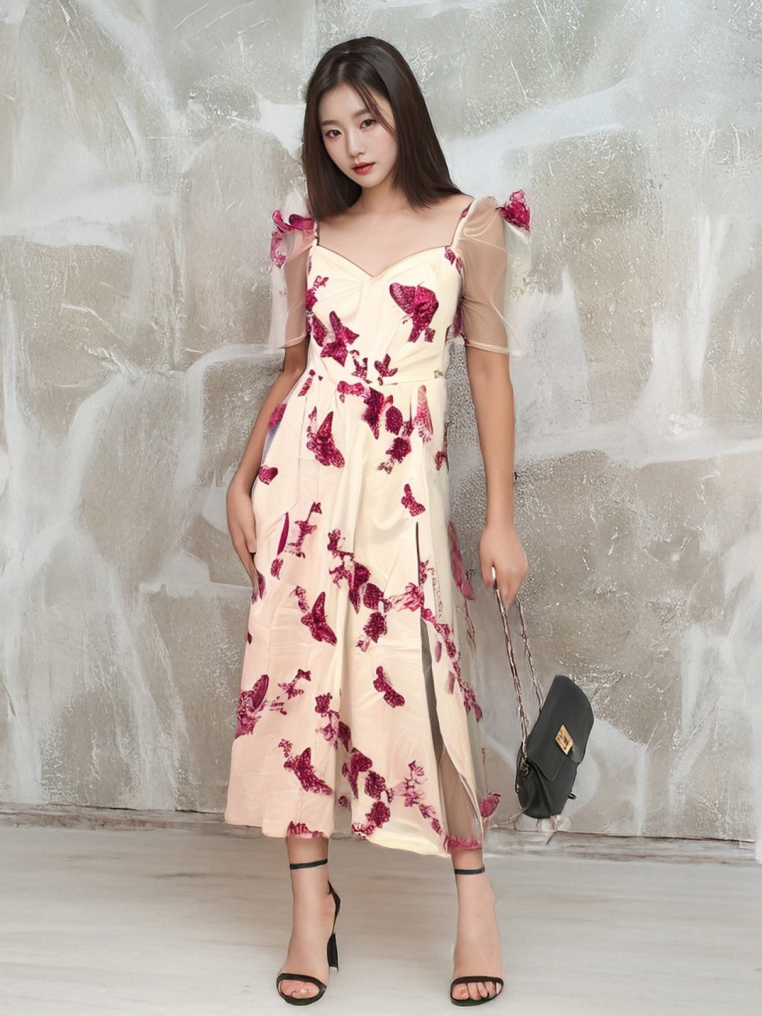 

KPOP Women Floral Print Fit and Flare Puff Sleeve Midi Dress, Beige