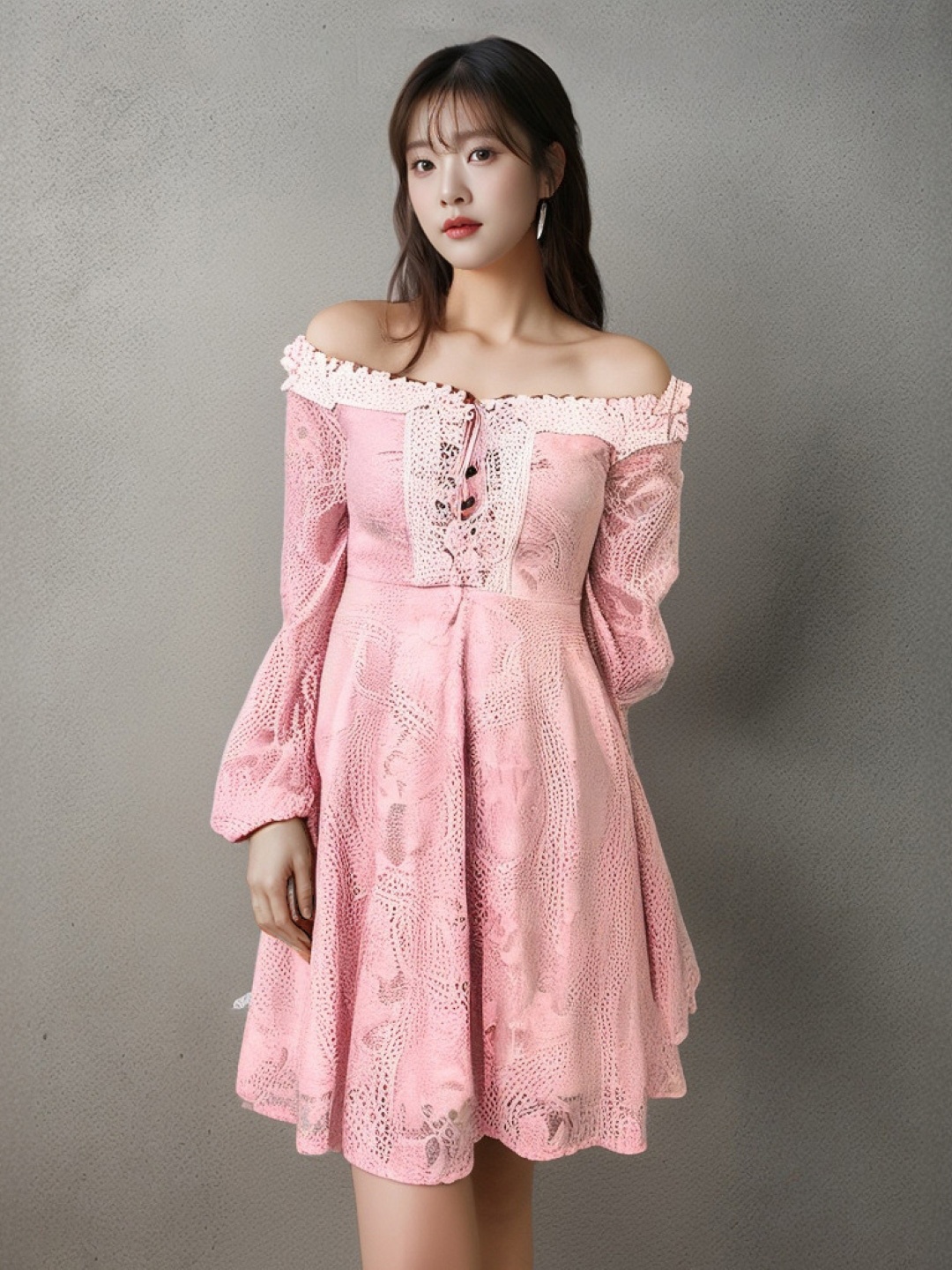 

KPOP Solid Off-Shoulder Long Puff Sleeve Fit & Flare Dress, Pink