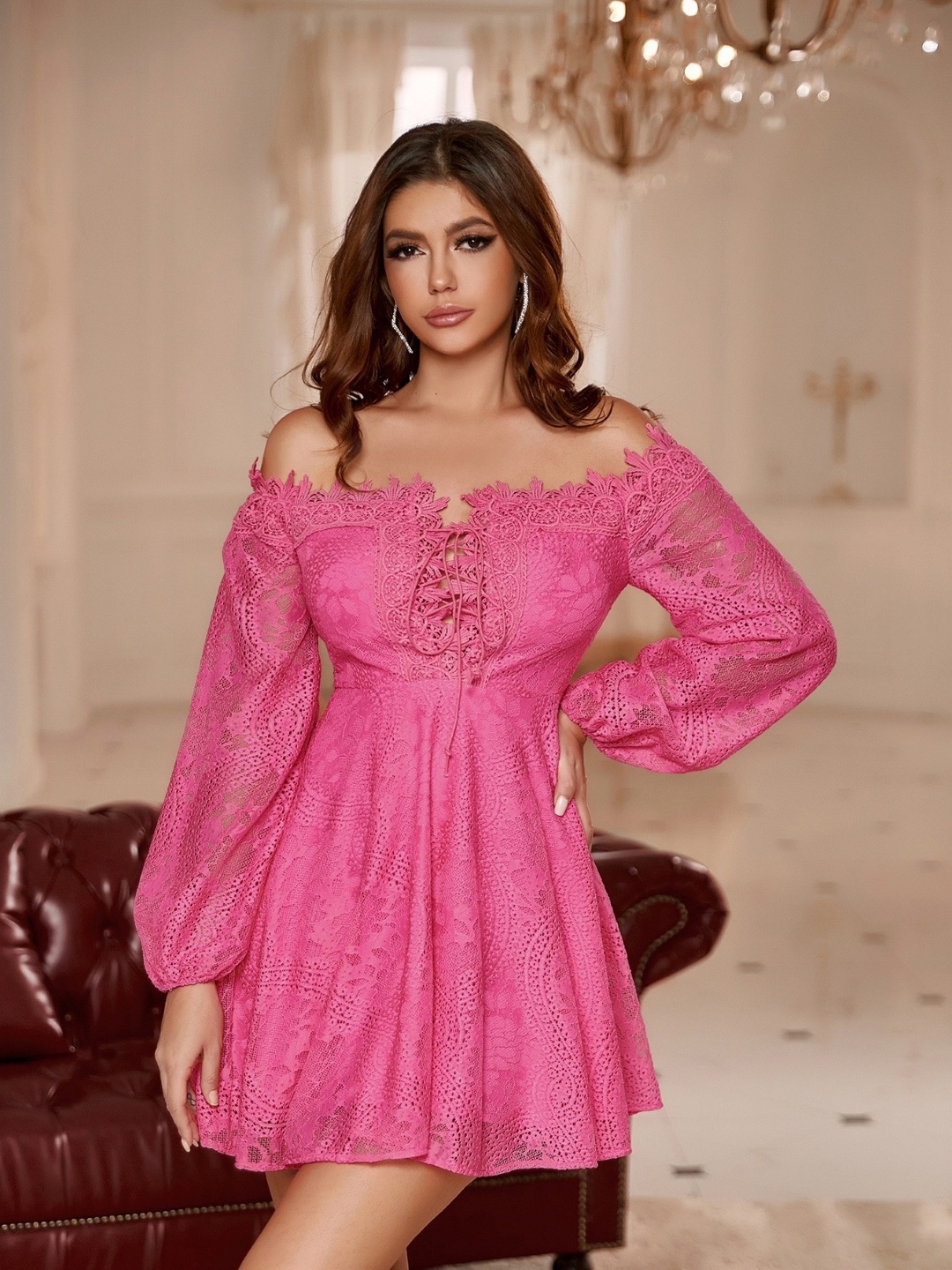 

KPOP Women Off-Shoulder Puff Sleeve A-Line Mini Dress, Pink