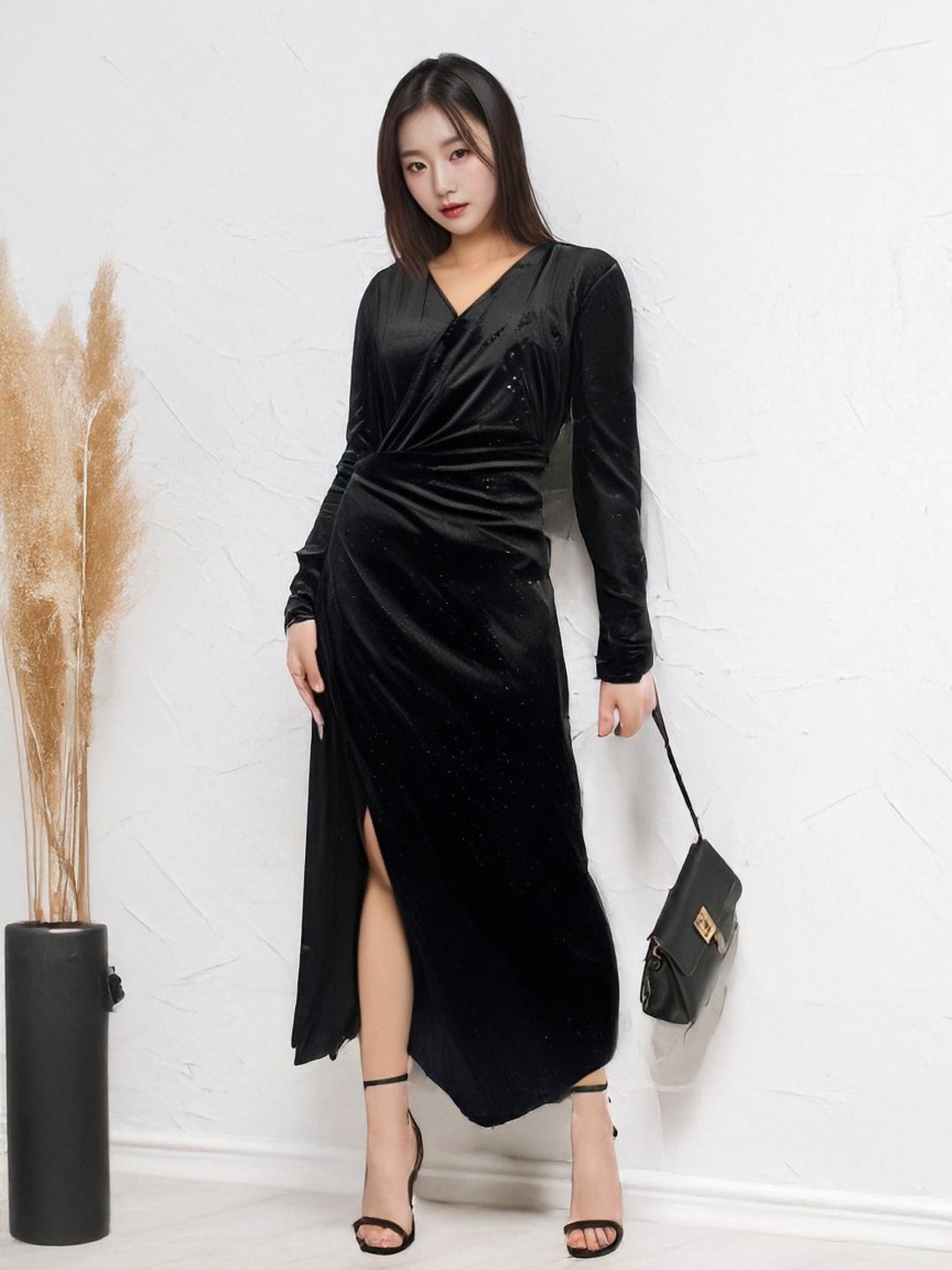 

KPOP V-Neck Bodycon Embellished Midi Dress, Black