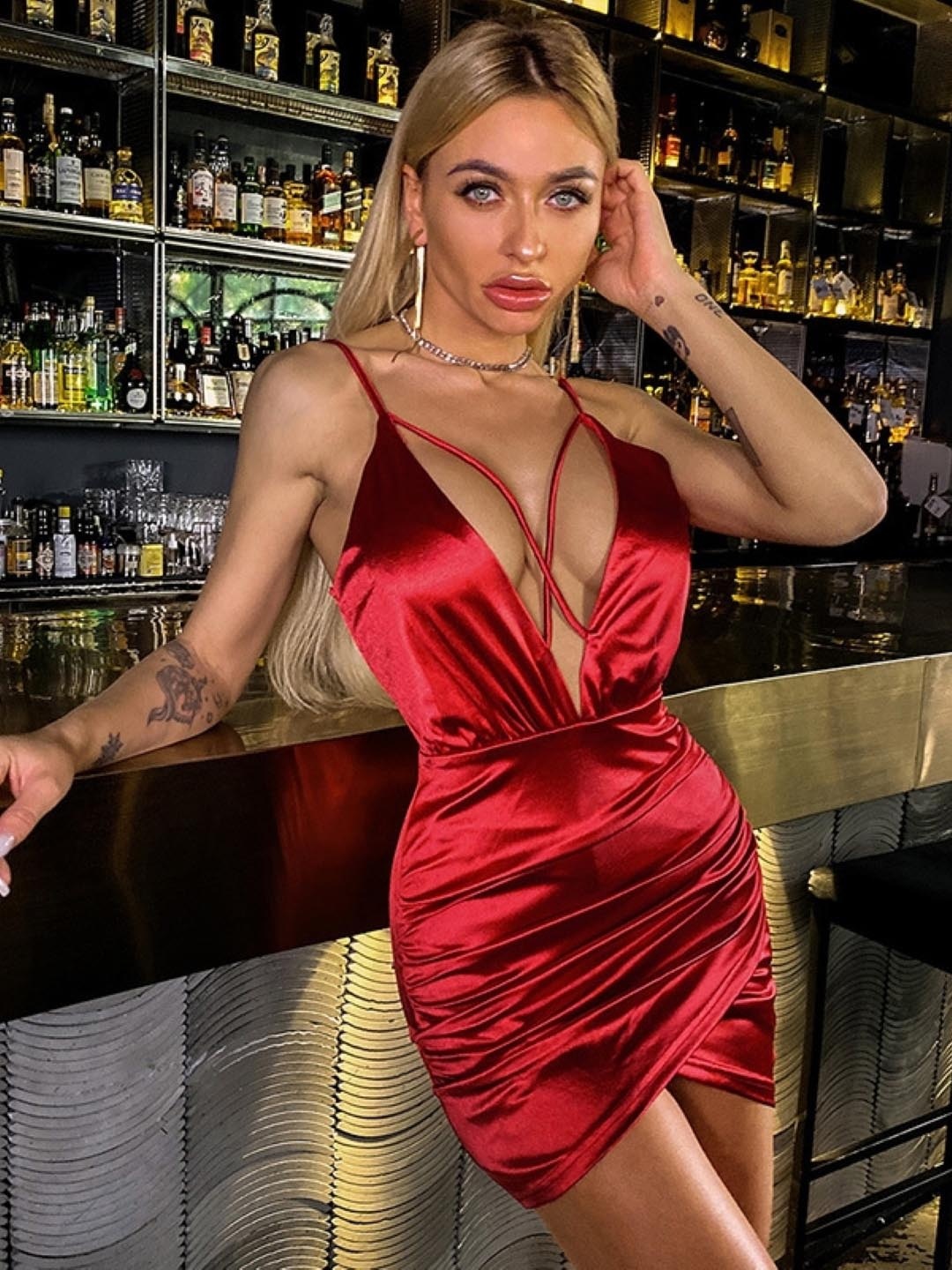 

KPOP Shoulder Straps Wrap Mini Dress, Red