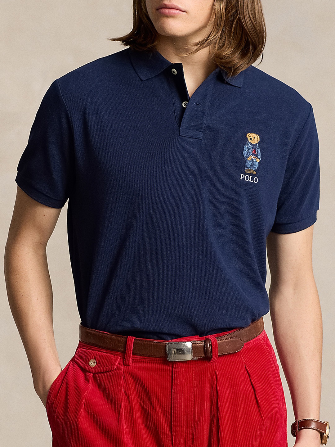 

Polo Ralph Lauren Men Solid Pure Cotton Polo T-Shirt, Navy blue