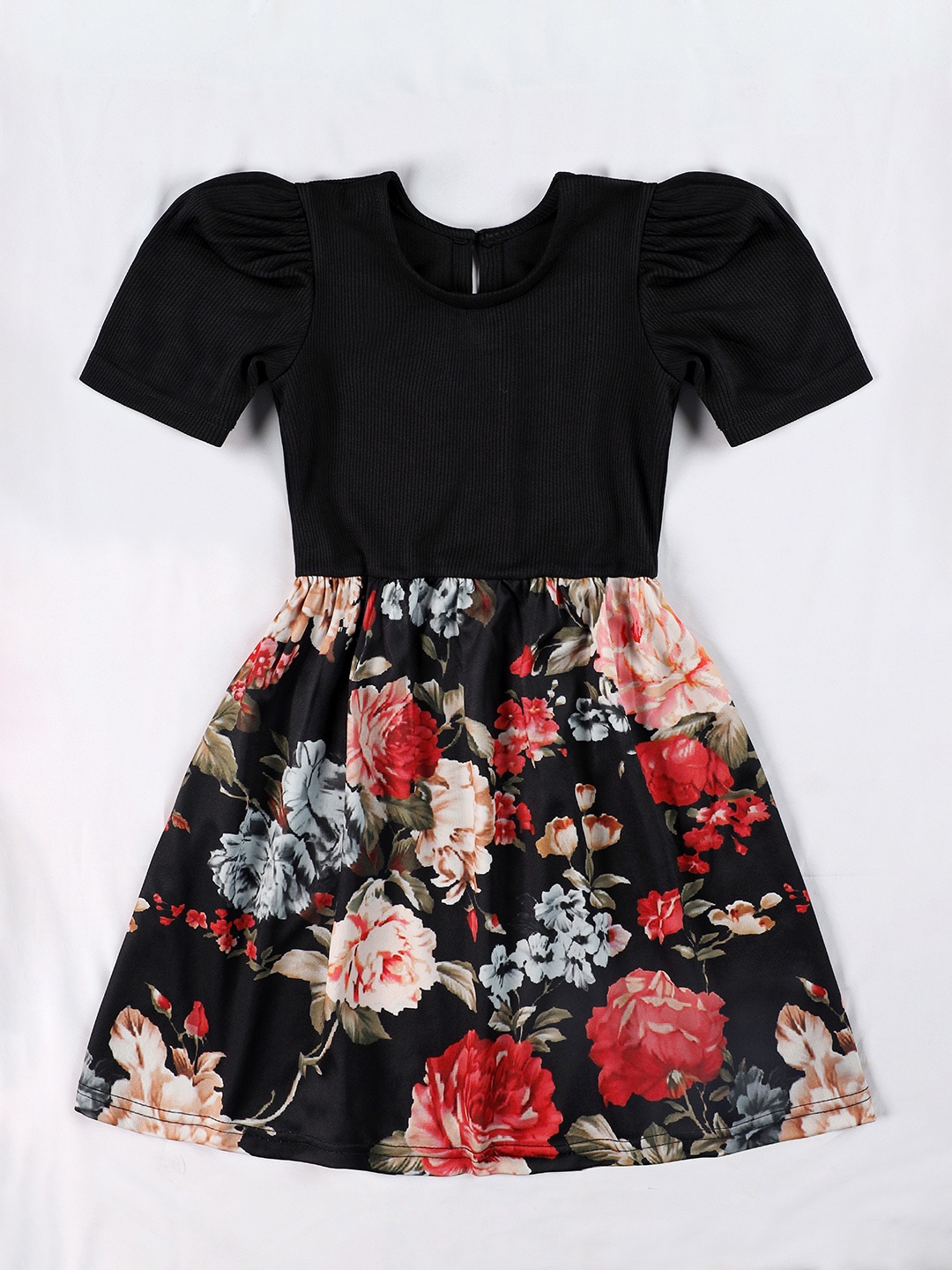 

OMPAX Girls Floral printed Lycra Knee Length Dress, Black