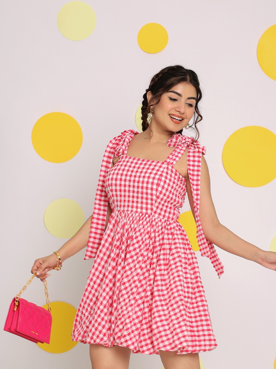 

KAORI BY SHREYA AGARWAL Women Checked Fit & Flare Mini Dress, Pink