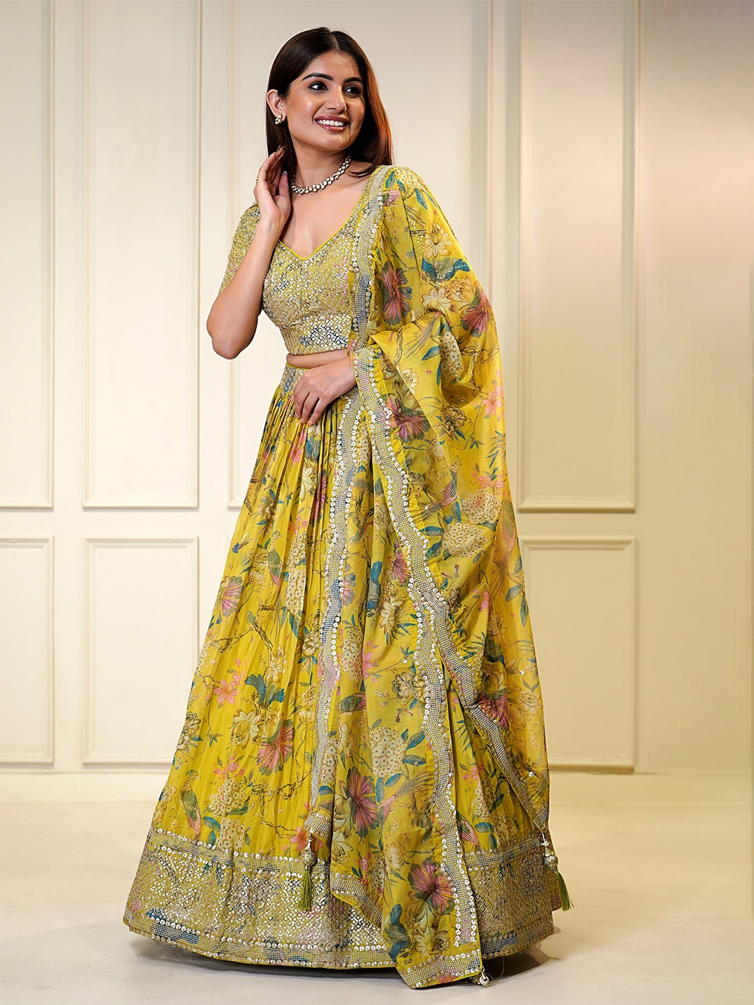 

Fusionic Embroidered V-Neck Sequinned Organza Ready to Wear Lehenga & Blouse With Dupatta, Yellow