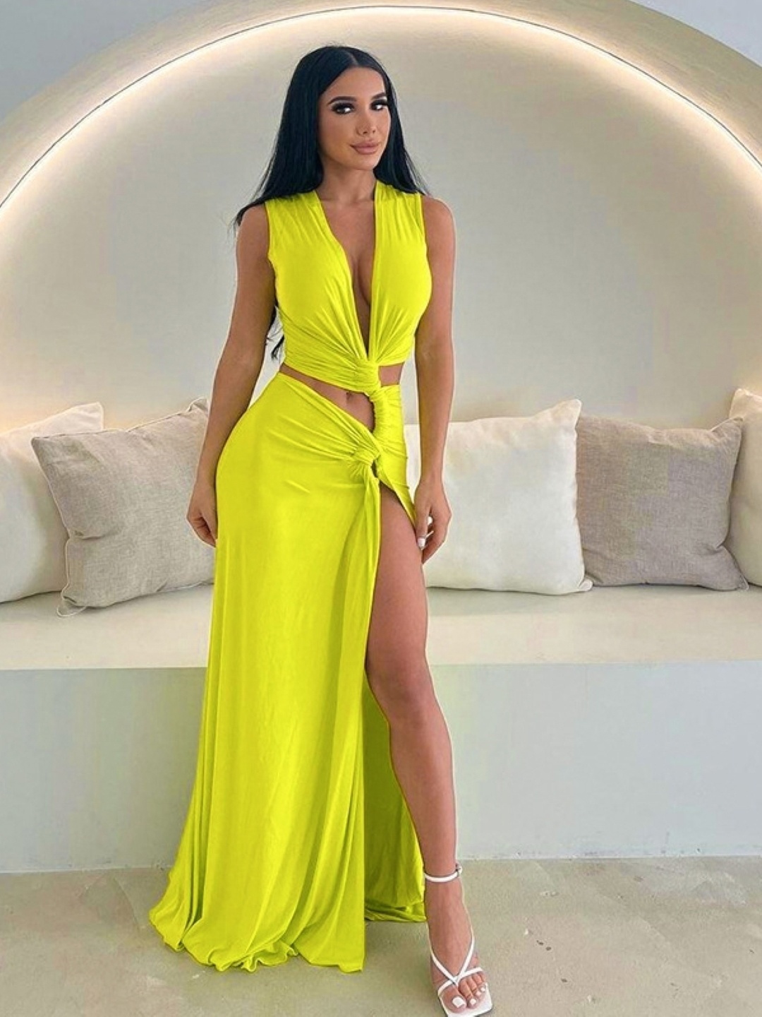 

KPOP Women Solid Slit Maxi Dress, Lime green