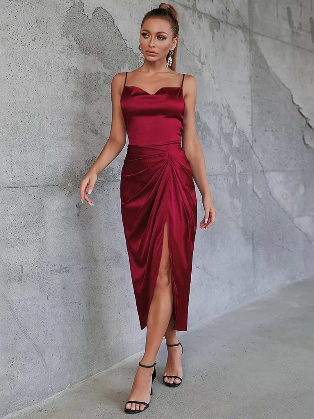 

KPOP Women Solid Bodycon Midi Dress, Red