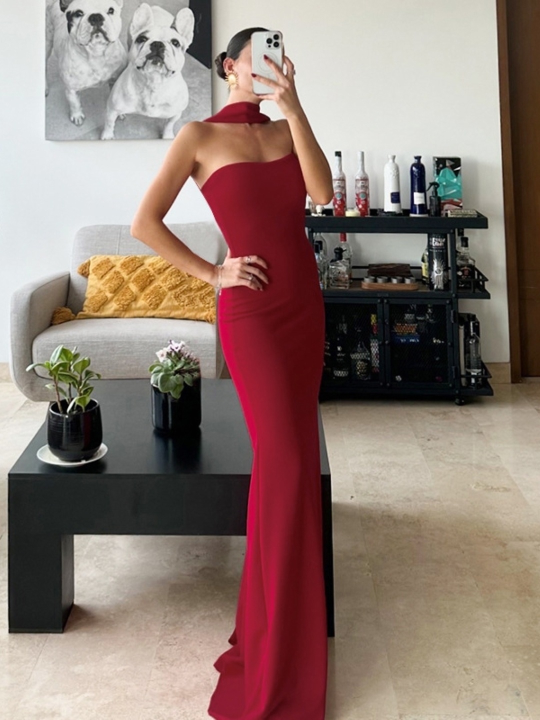 

KPOP Women Bodycon Maxi Asymmetric Neck Solid Sleeveless Dress, Red