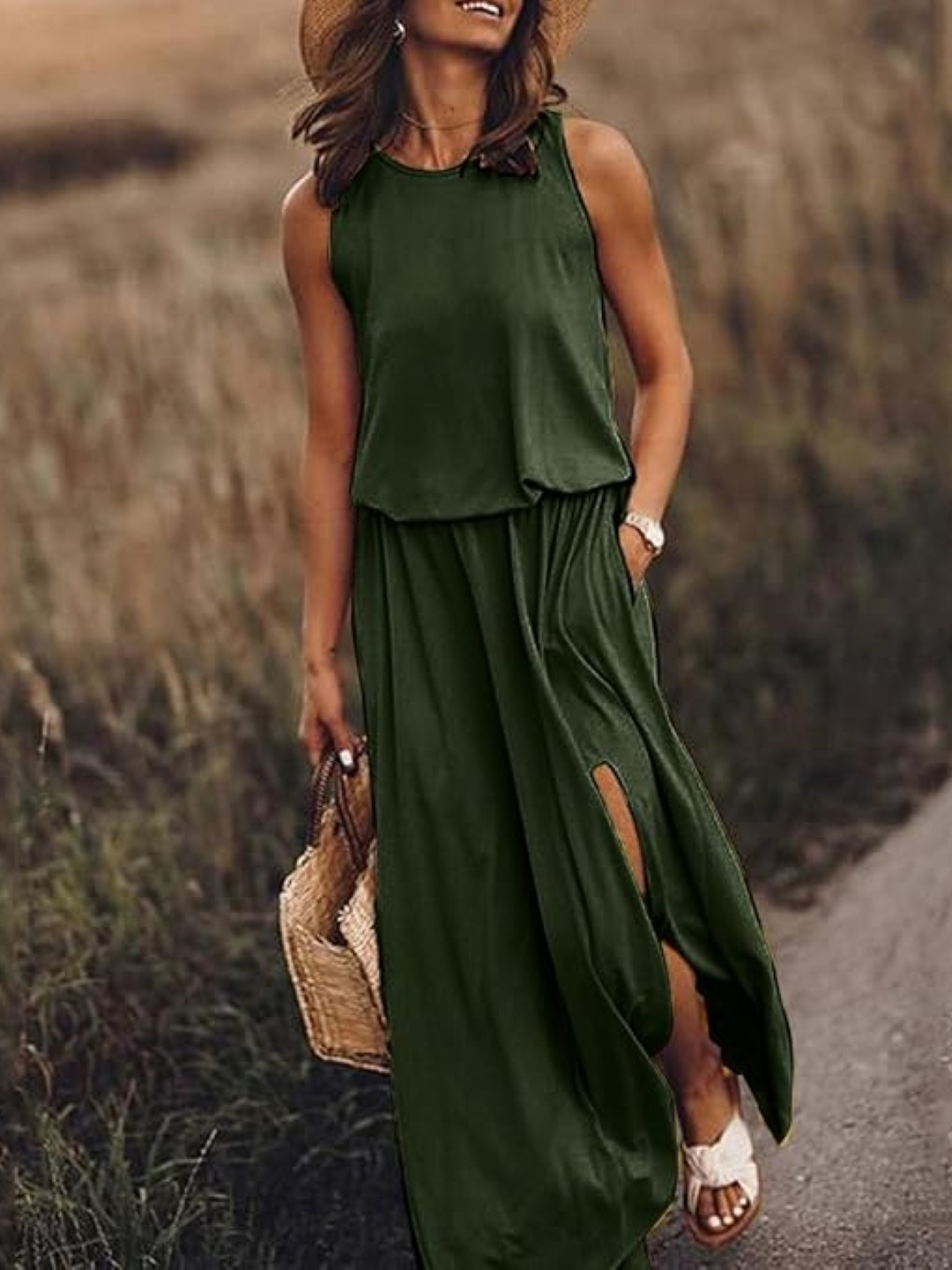 

KPOP Women Solid Round Neck Sleveeless Maxi Dress, Green