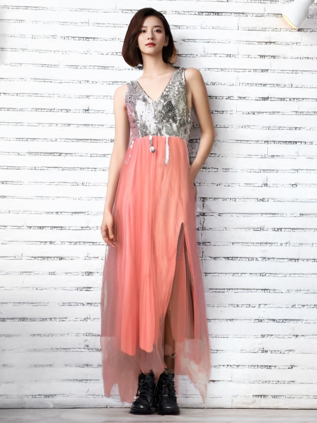 

KPOP V-Neck Solid Sleeveless A-Line Dress, Beige
