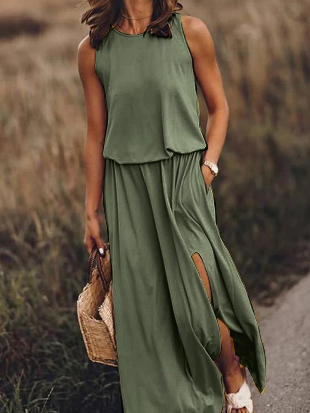 

KPOP Women Round Neck Blouson Maxi Dress, Green