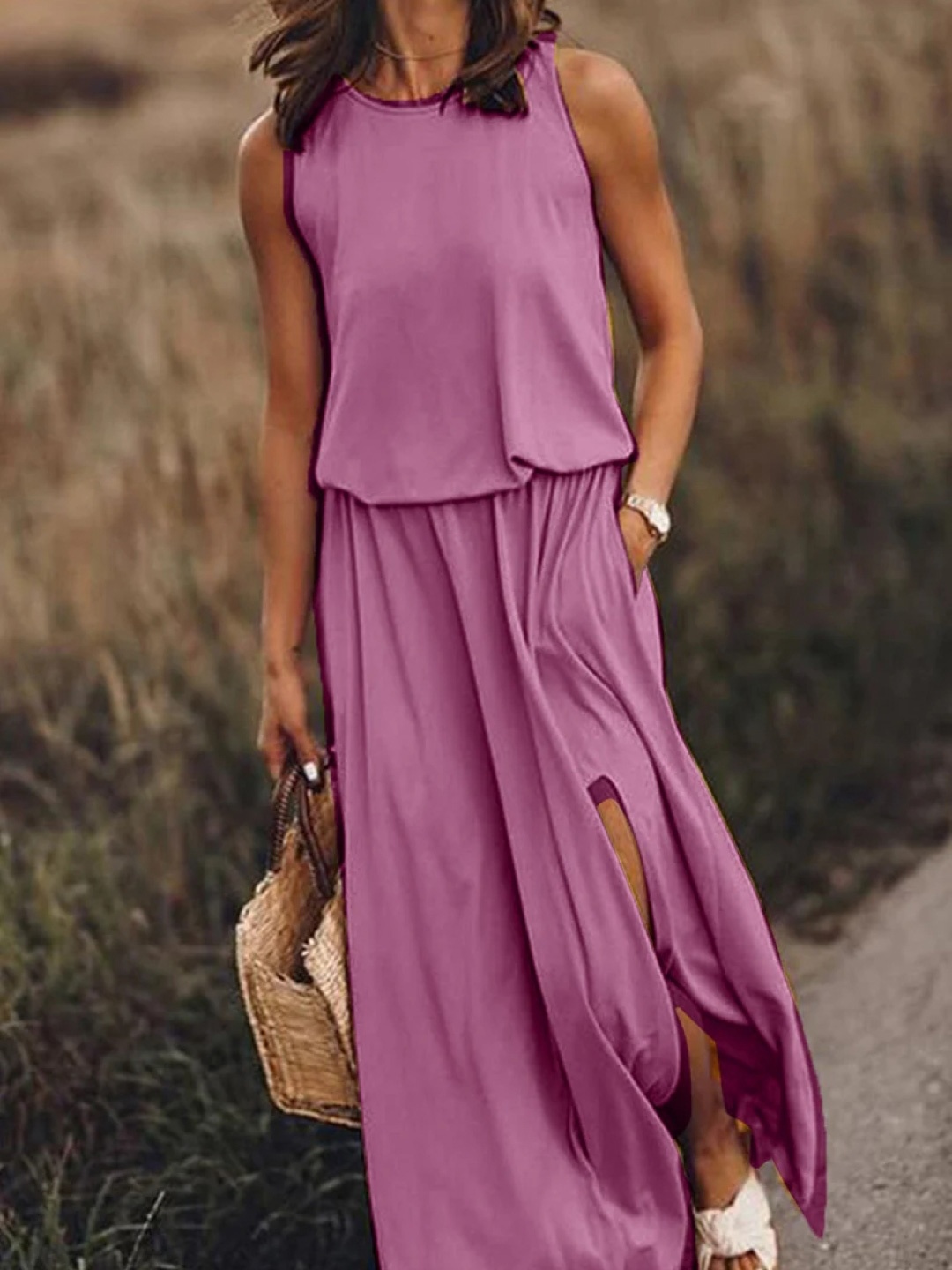 

KPOP Round Neck Solid Maxi Dress, Purple