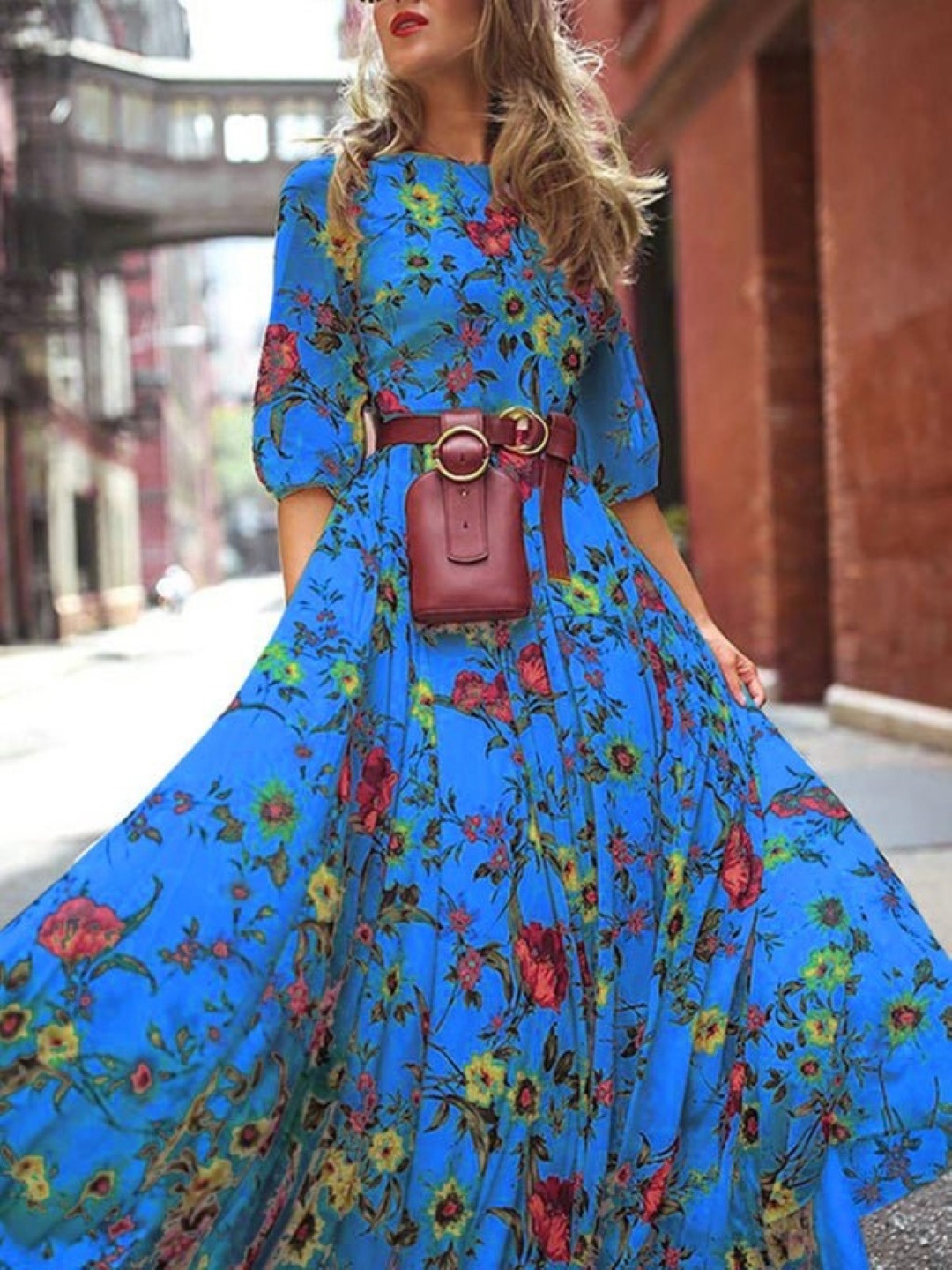 

KPOP Women Floral Printed Puff Sleeves Maxi Dress, Navy blue