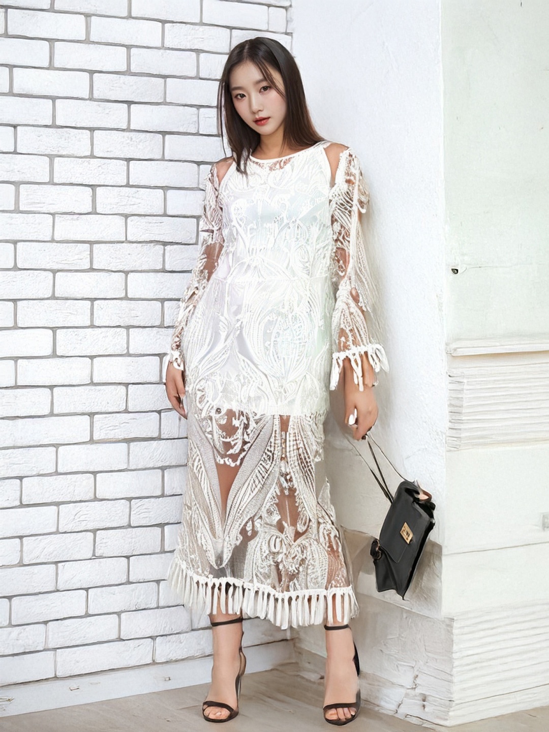 

KPOP Bell Sleeve Bodycon Maxi Dress, White