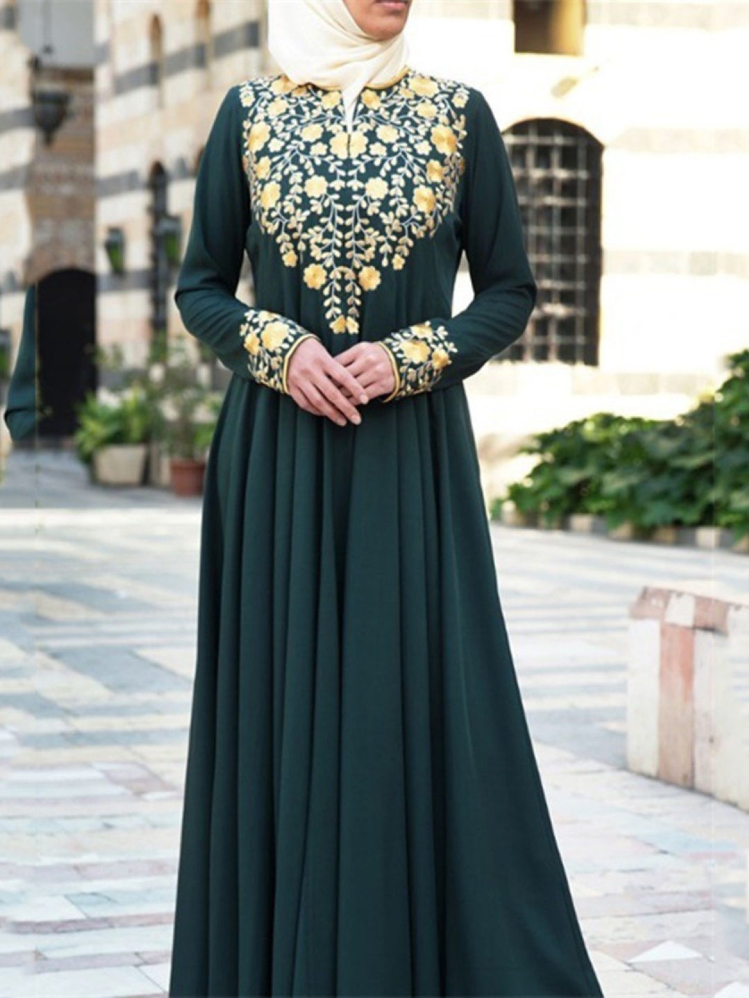 

KPOP Women Ethnic Motifs Printed Mandarin Collar Maxi Dress, Green