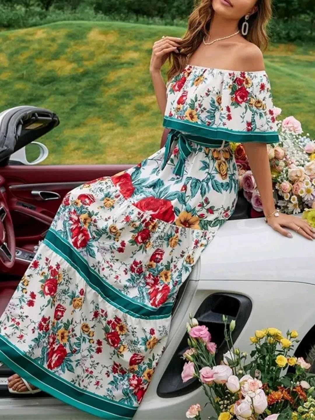 

KPOP Women Floral Print Off-Shoulder A-Line Maxi Dress, Teal