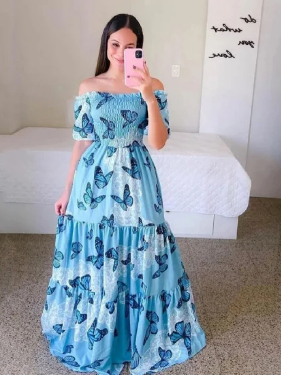 

KPOP Printed Off-Shoulder Puff Sleeve Fit and Flare Maxi Dress, Blue