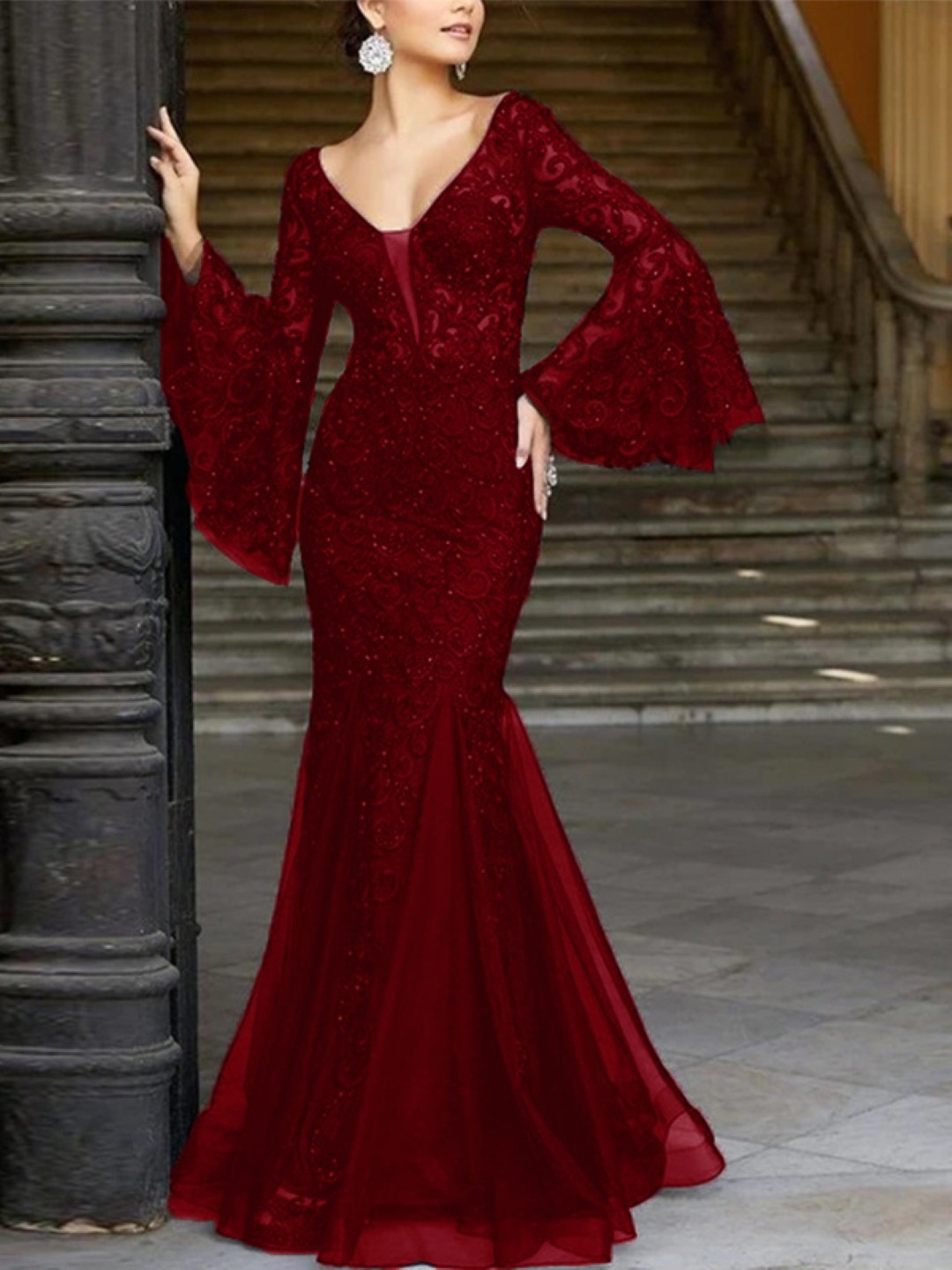 

KPOP Bell Sleeve Bodycon Maxi Dress, Red