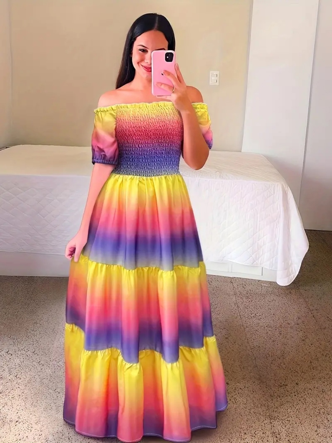 

KPOP Women Printed Off-Shoulder Puff Sleeve A-Line Maxi Dress, Yellow