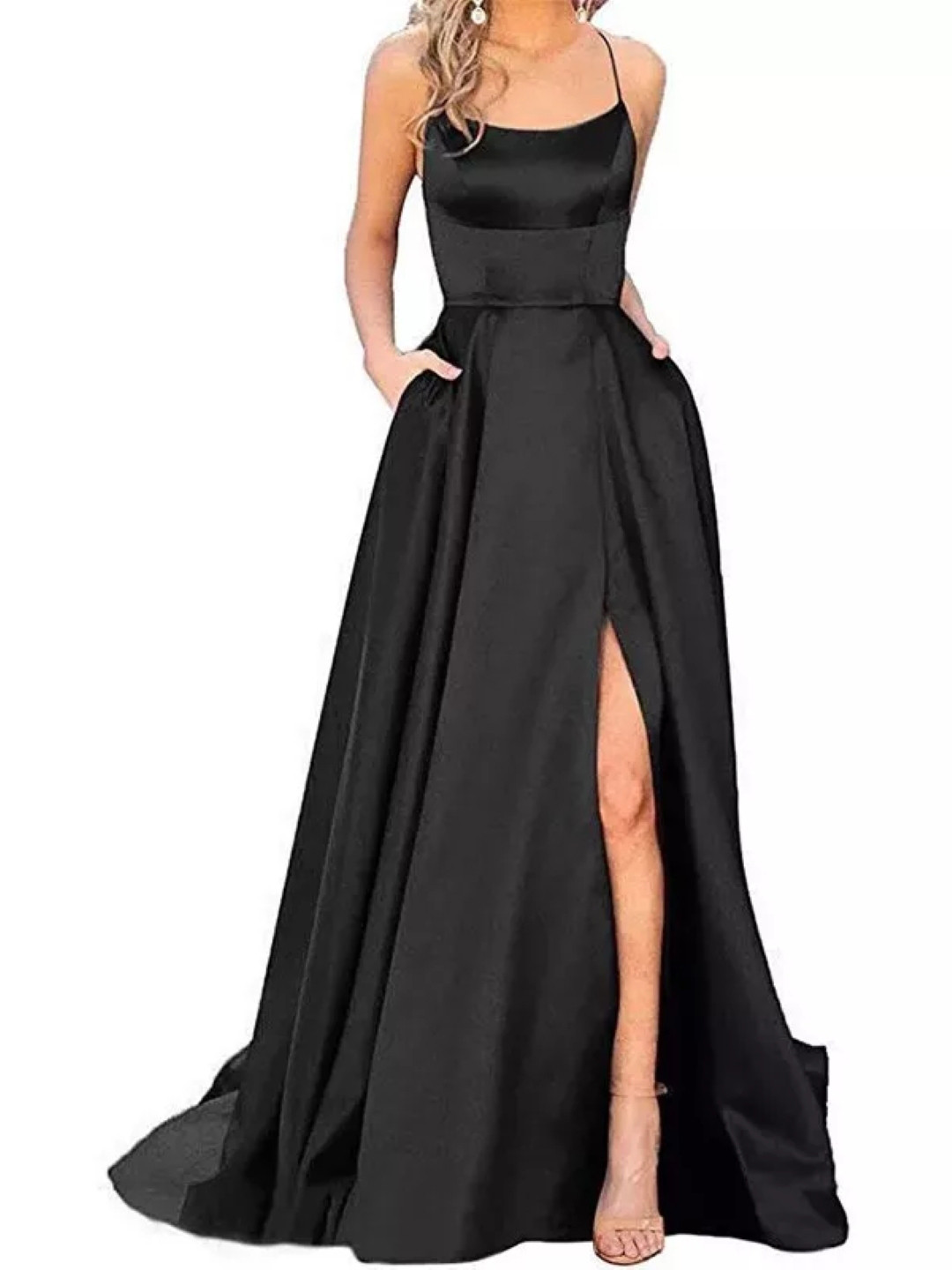 

KPOP Solid Shoulder Straps Maxi Dress, Black