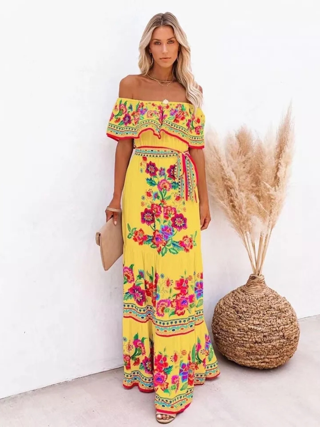 

KPOP Women Floral Printed Off-Shoulder Maxi Dress, Yellow
